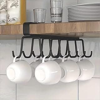 JIALTO Double Row Cup Holder Rack with 12 Hooks, Metal Cabinet Hanging Organizer for Kitchen, Coffee & Tea Cups, Towel Holder, Black