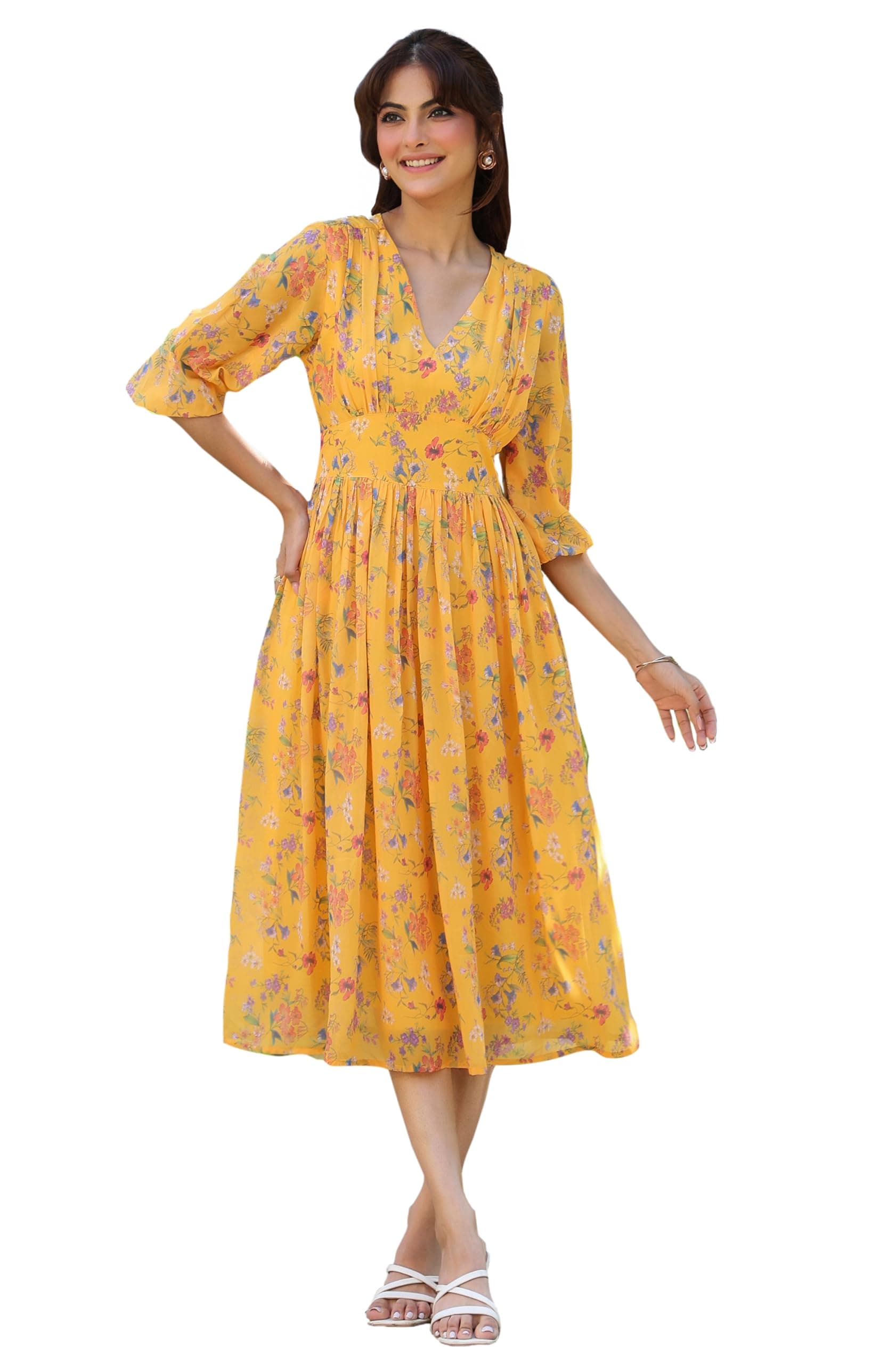 Janasya Women's Georgette Floral Printed Tiered Dress