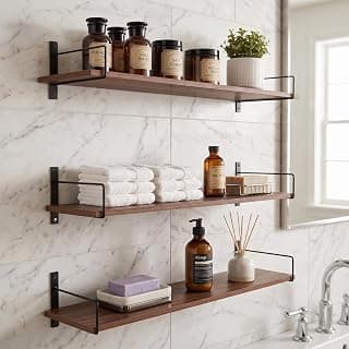 Wall Mounted Bathroom Shelves Set of 3, Glossy Brown Rustic Wood Floating Shelves with Metal Brackets, Wall Storage Rack for Toiletries, Organizer, Kitchen, Bedroom, Living Room 23.5"