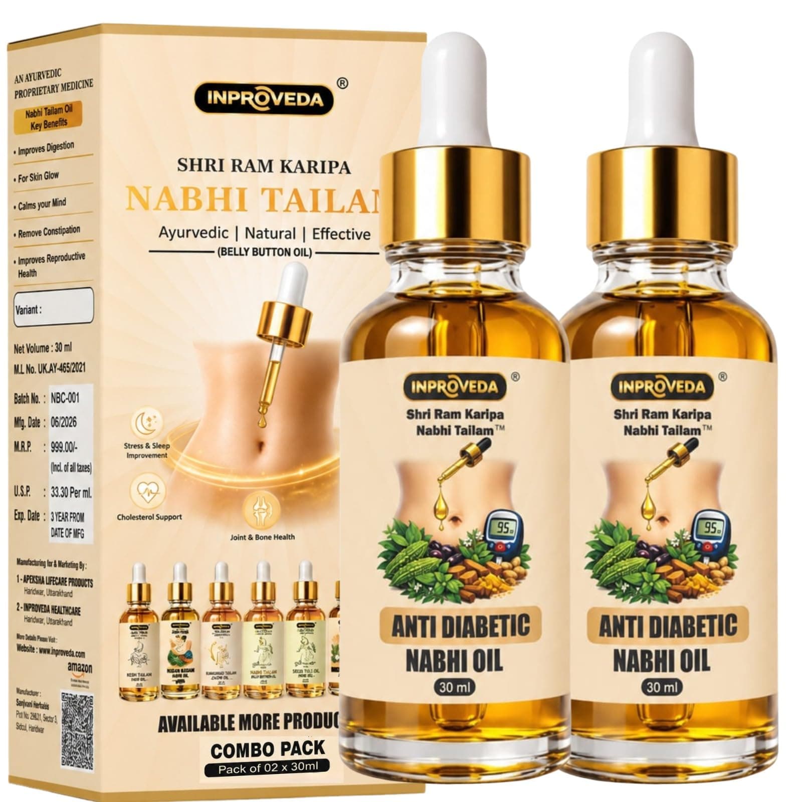 Anti Diabetic Nabhi Oil for Blood Sugar Management | For Sugar Support, Control Sugar Cravings | Ayurvedic Navel Therapy for Multi Benefit Oil for Daily Wellness | नाभि तेल | Pack of 2 x 30ml=60ml