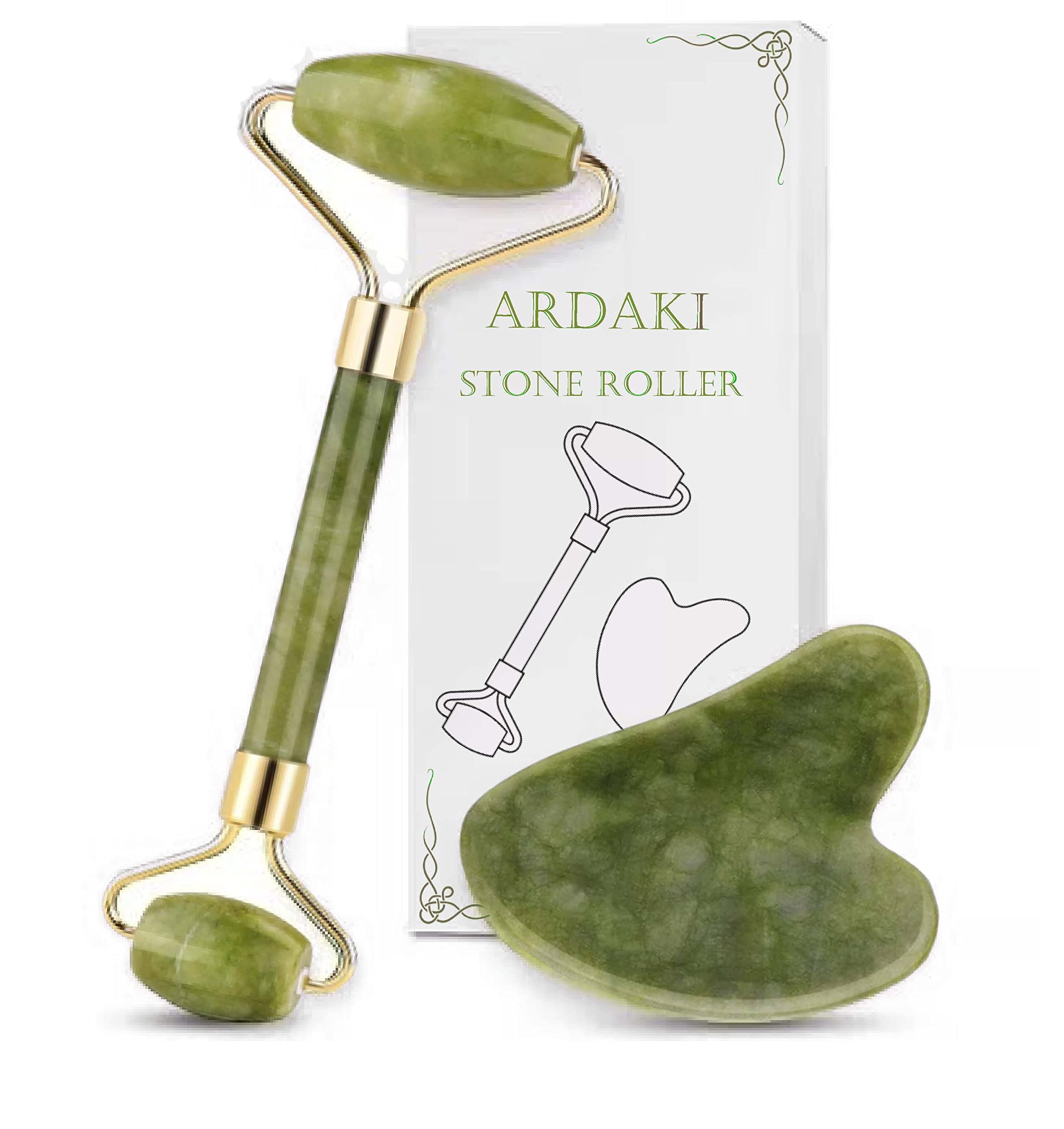 ARDAKI Jade Face Roller & Gua Sha Massager, 100% Natural Stone, Relaxes Facial Muscles, Reduces Wrinkles & Dark Circles, Versatile Application for Face, Neck, Eyes & More