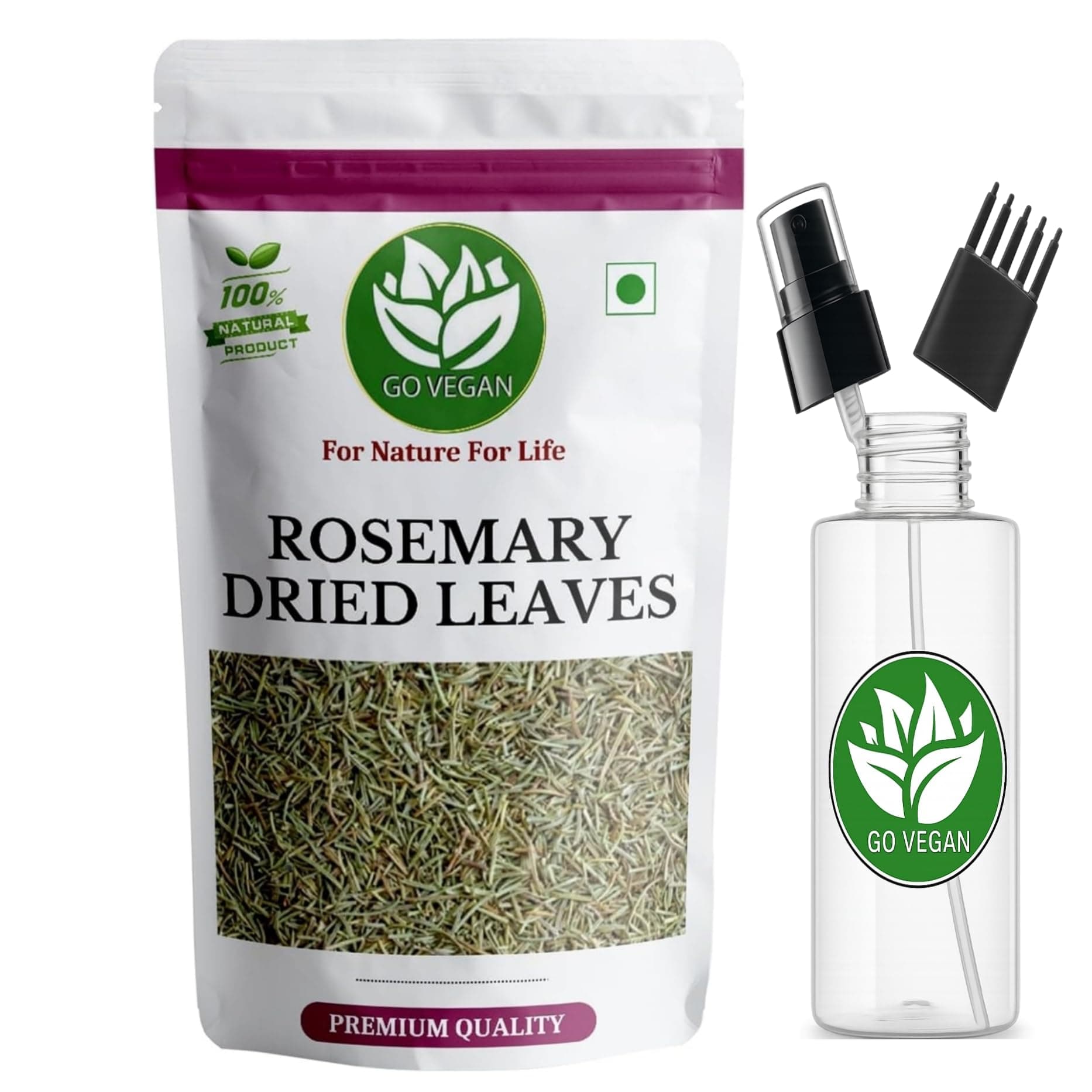 Go Vegan Rosemary Leaves for Hair Growth and Seasoning, 100g | Food Grade With Mist Spray and Comb Cap for Rosemary Water, Zipper Pouch 100gm