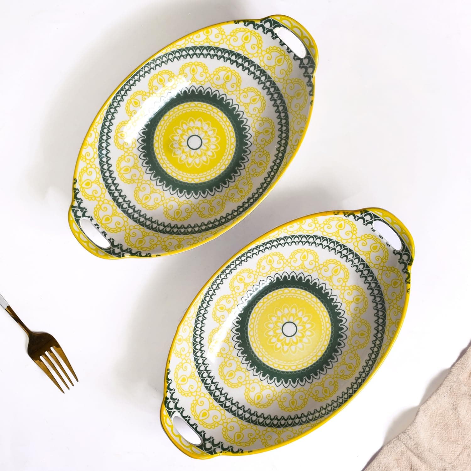 Nestasia Set of 2 Yellow and Green Mandala Design Ceramic Long Oval Platter with Handles for Serving Snacks, Appetizers, Salads, and Noodles | Microwave Safe, Dishwasher Safe (10.8 Inch)