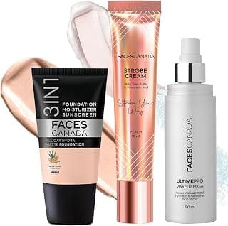 FACES CANADA Glass Skin Glow Kit: Hydra Matte Foundation -Rose Ivory (18ml) + Strobe Cream - Peach (18ml) + Makeup Fixer (50ml) | Illuminating & Glowing Makeup Base | Long Lasting Makeup Setting Spray