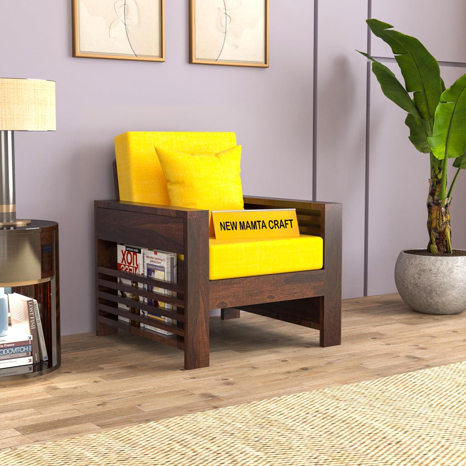 NEW MAMTA CRAFT Sheesham Wood Feltro Single Seater Sofa Set for Living Room Office Wooden Sofa Set for Living Room Furniture - (40 Density Cushion,Walnut Finish with Yellow Cushion)