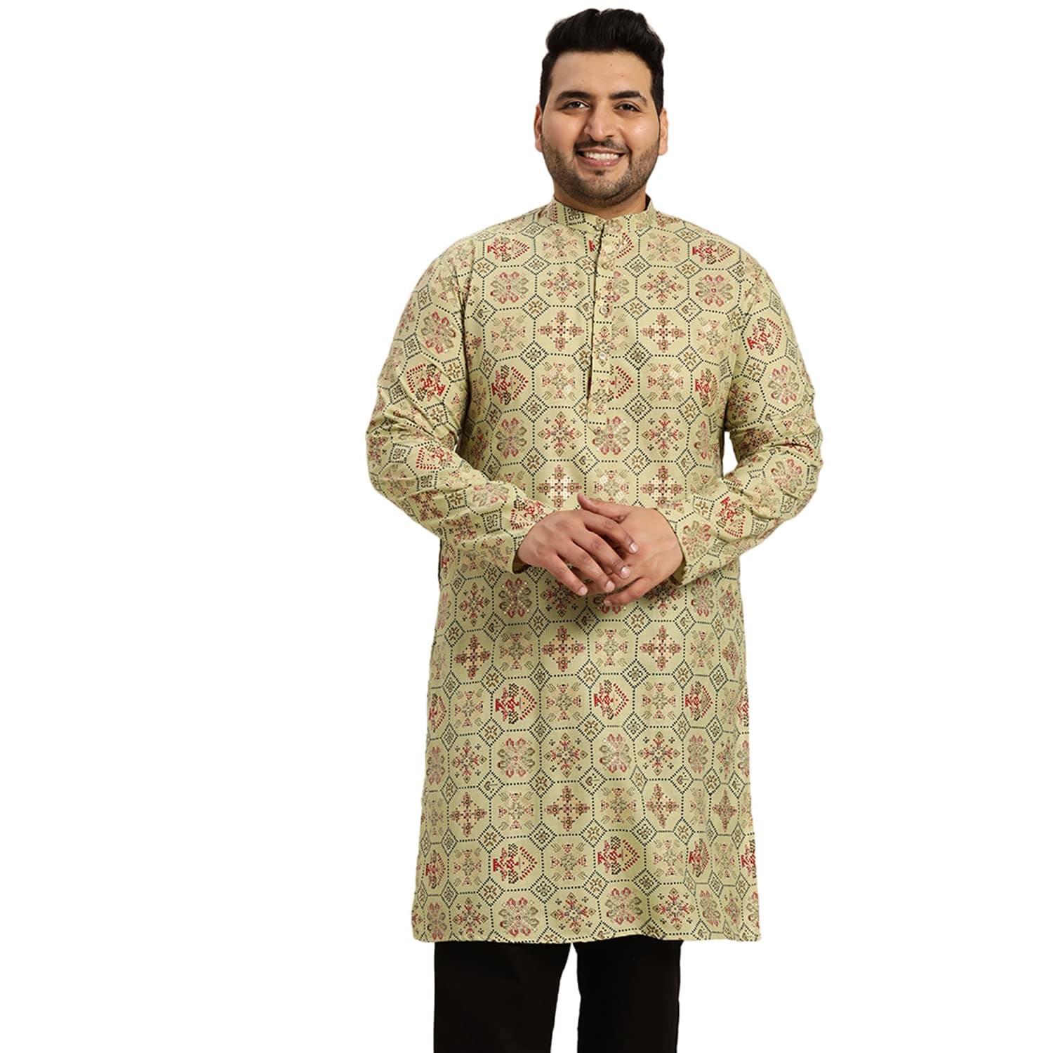 SOJANYA Plus (Since 1958) Men’s Cotton Linen Long Kurta | Ethnic Motif Printed for Navratri, Garba & Puja