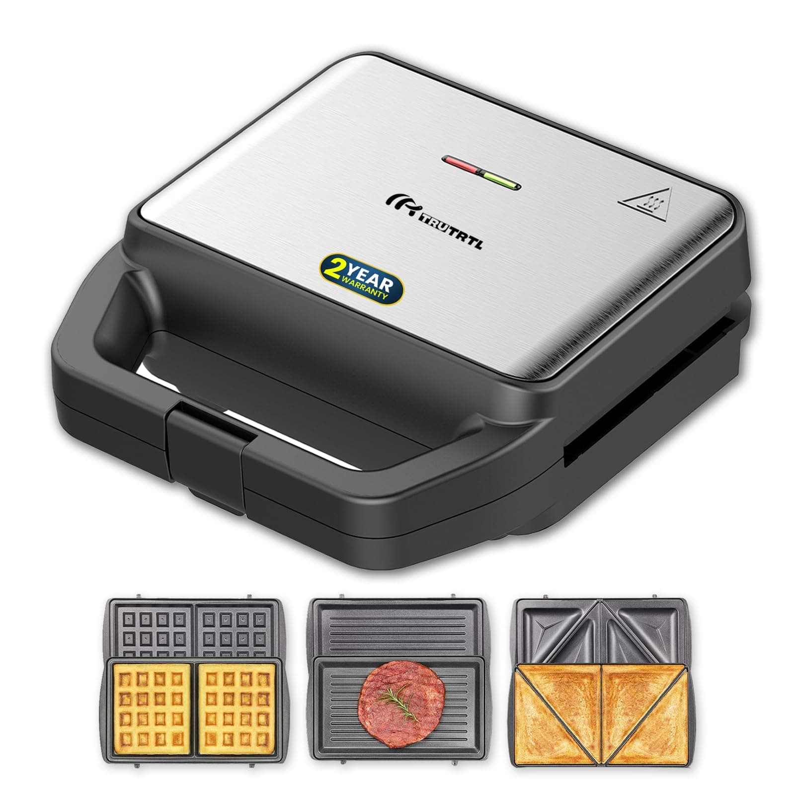 Mr. TRU 3 in 1 Grill, Sandwich, Waffle Maker Machine | Electric Bread Griller and Toaster | Non-Stick Coating Removable Plates | 800W (Auto Cut-Off), Black | 2 Years Warranty | Perfect for Gifting