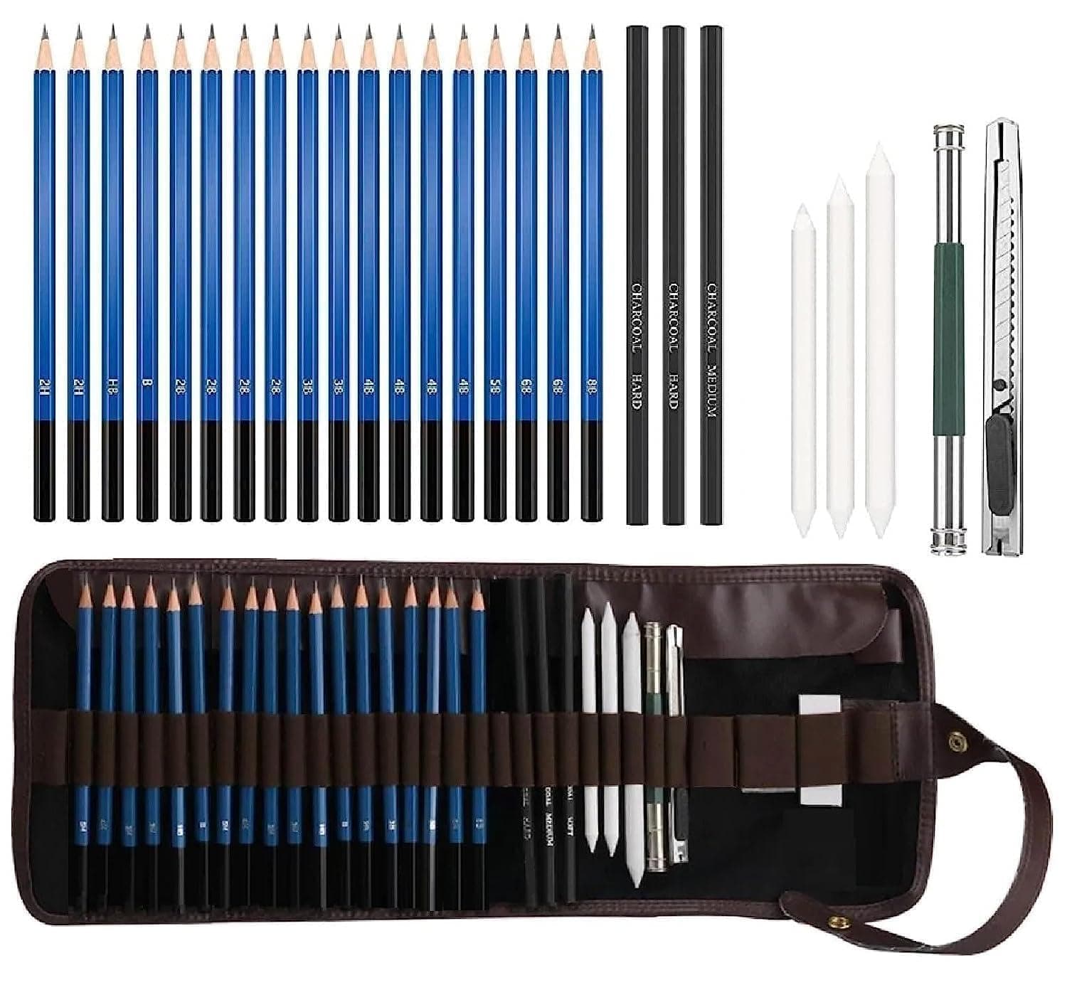 Coslet 29 Pcs Professional Sketching Pencil Set for Artists Drawing Pencils with Charcoal Pencils, Blending Stumps, Eraser, Sharpener & Roll Case – Art Supplies Kit for Shading, Sketching & Drawing