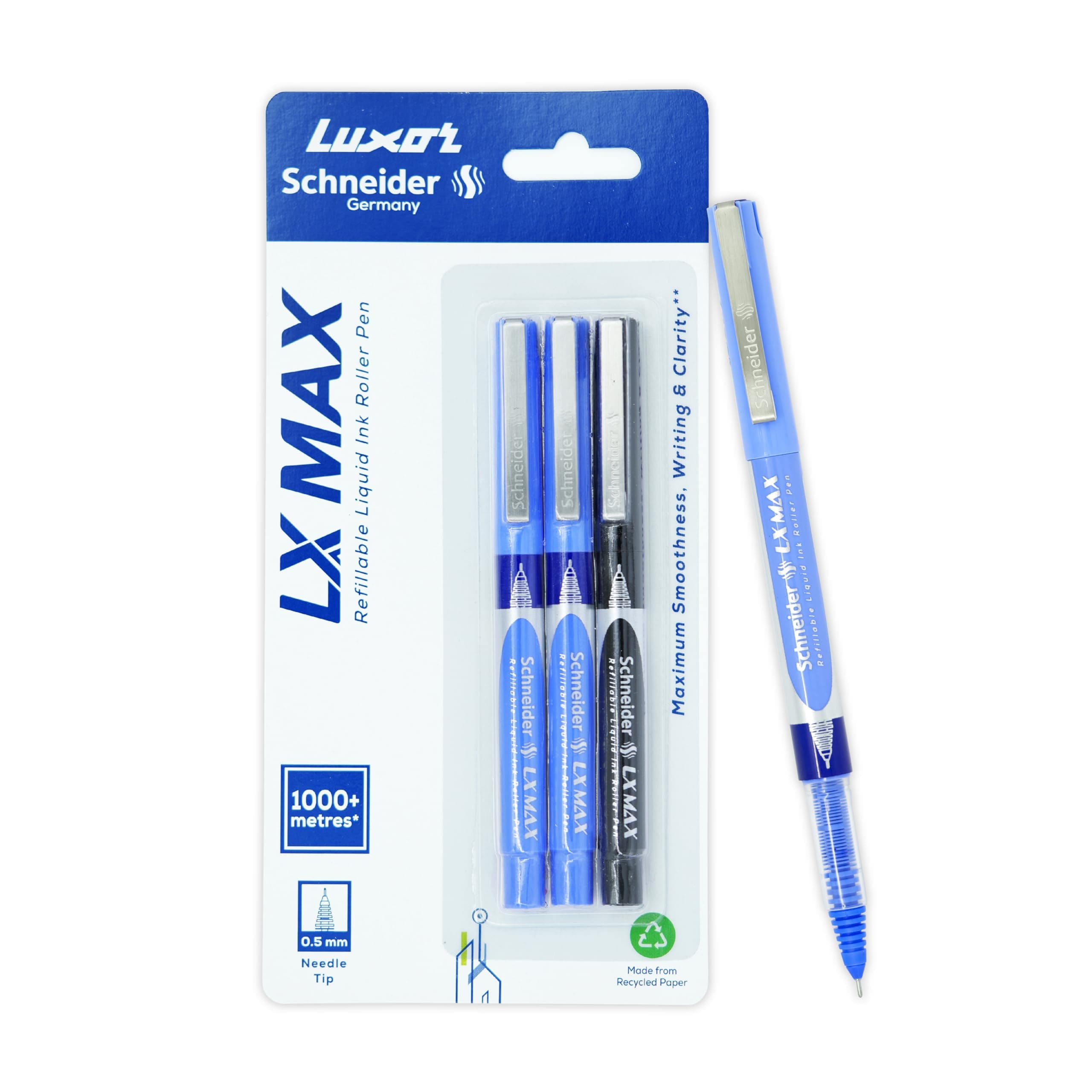 Dresz Luxor Dresz Schneider,LX MAX Roller Ball Pen,Pack Of 3,2 Blue+1 Black,Needle Tip,0.5Mm,100% German Technology,1000+ Mtrs Writing Length,Waterproof Ink,Ideal For Students & Professionals.