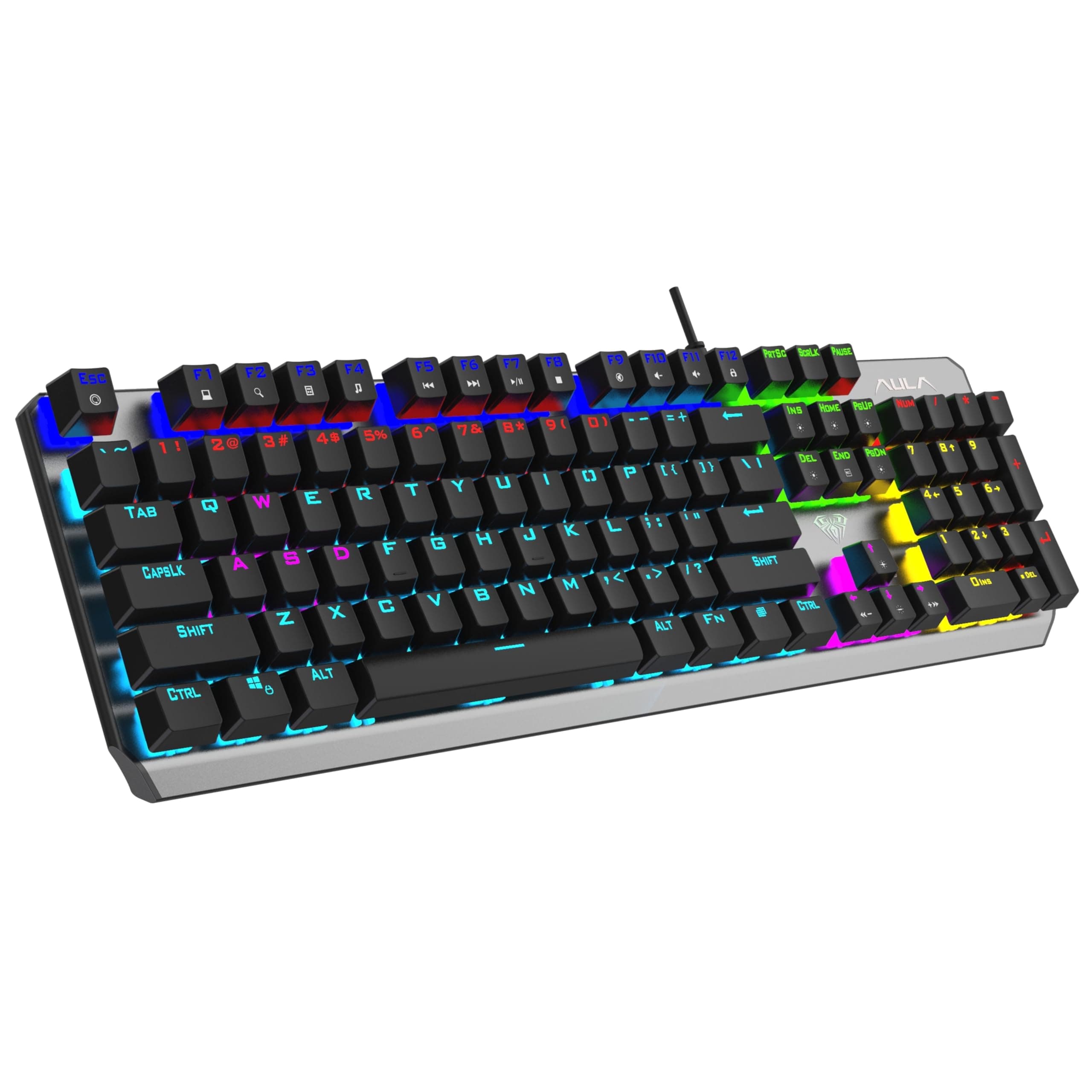 AULA F2066-II USB Full Size Wired Mechanical Gaming Keyboard | 104 Programmable Keys, Military Grade Metal Top, Rainbow Backlight, 60 Million Keystroke, Made For Gamers | Black - Blue Switches