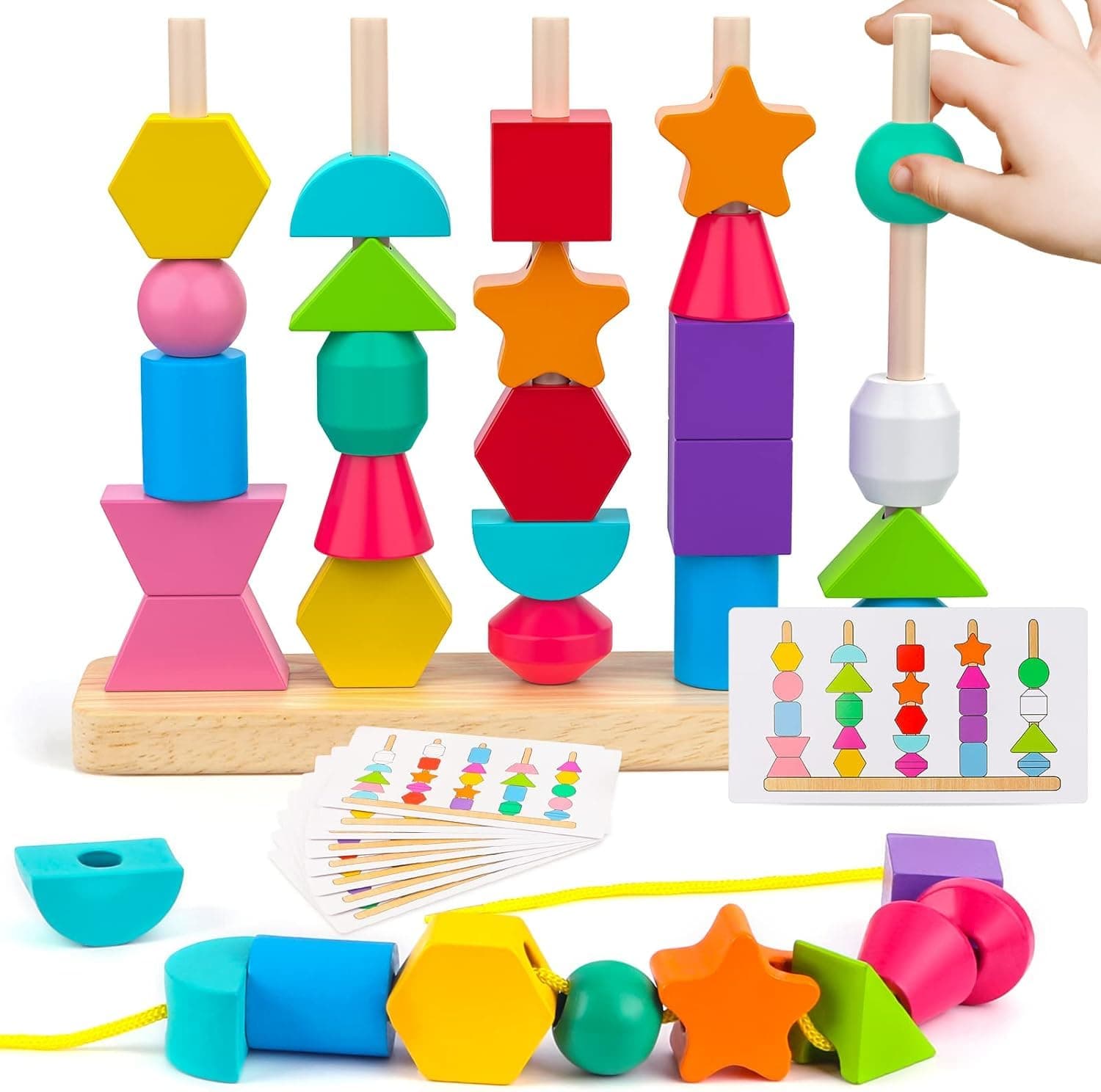 SHINETOY Wooden Beads Sequencing Toy Set | Montessori Lacing & Stacking Toy for Kids 2-5 | Color & Shape Matching Educational Fine Motor Skills Learning Toy | 22 Pcs Blocks and 10 pcs Cards