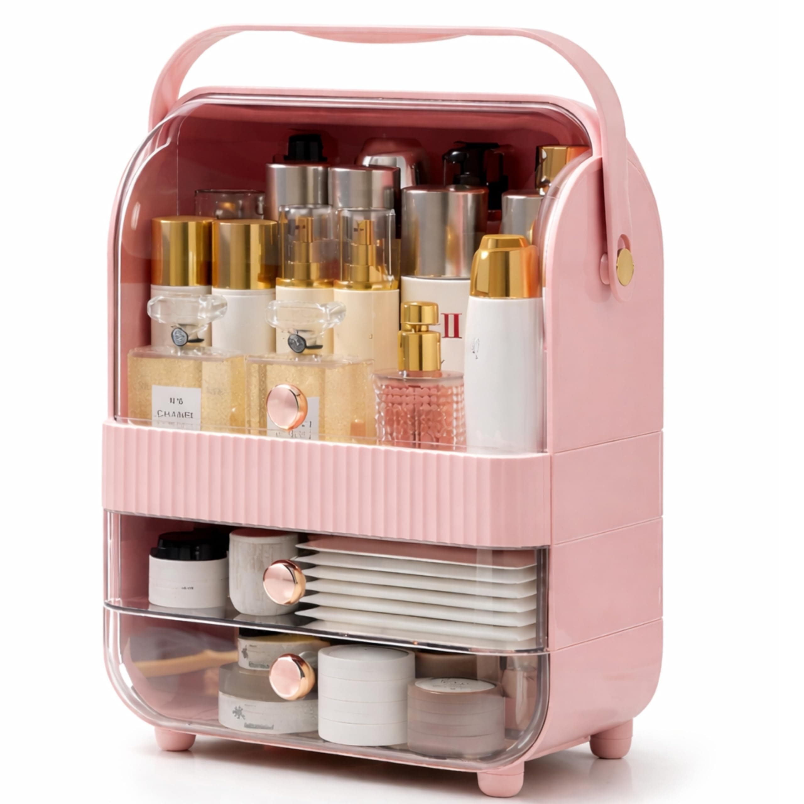 JIALTO Large Cosmetic Organizer Box with Handle – Dustproof Makeup Storage Cabinet with Drawer, Skincare & Perfume Organizer for Vanity, Dressing Table & Bathroom Countertop (37x29.5x20 cm, Pink)