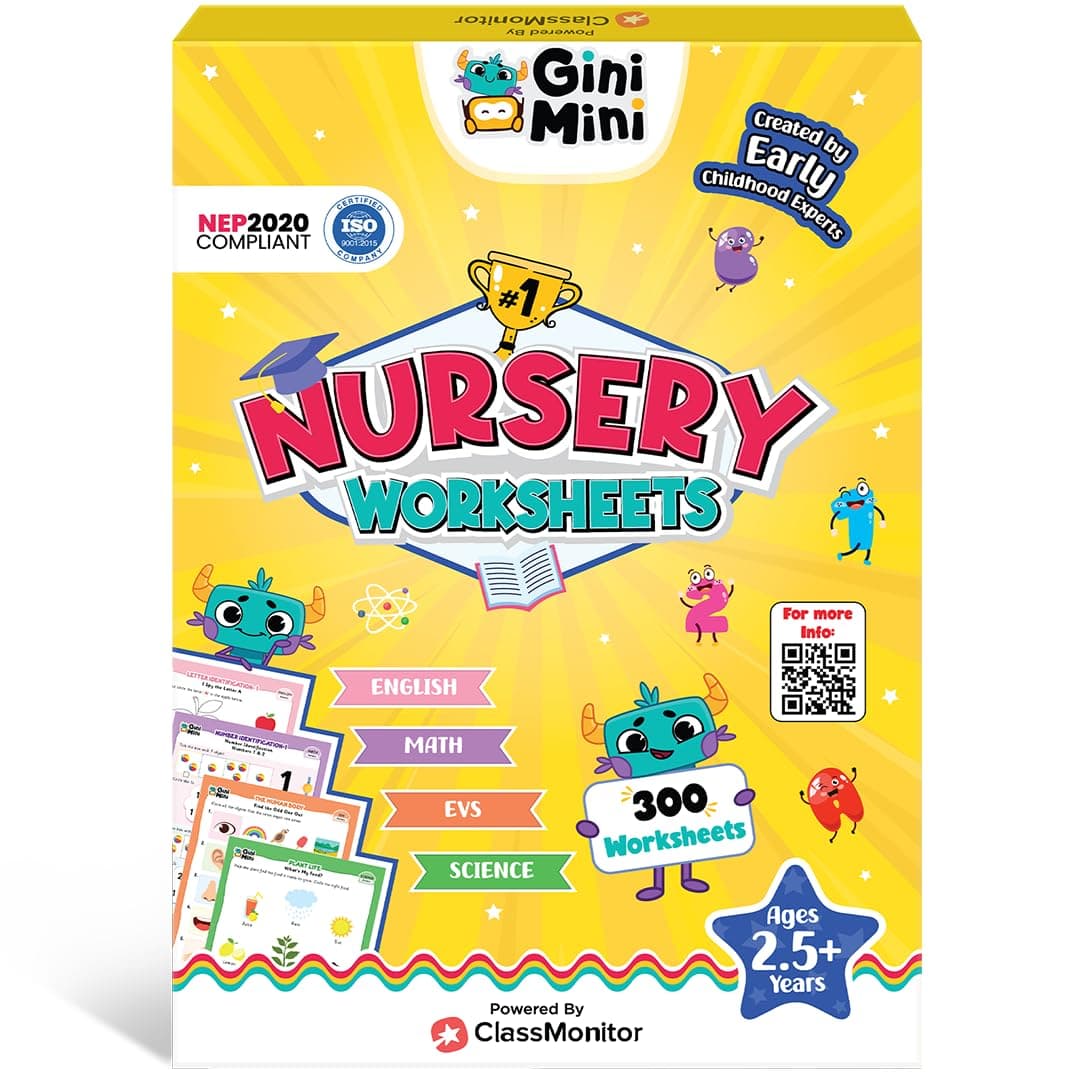 GiniMini 300 Nursery Worksheets for 2 3 4 5 6 Years, Fun Learning Activities, Return & Birthday Gifts for Boys, Girls (English, Maths, Science, & EVS)