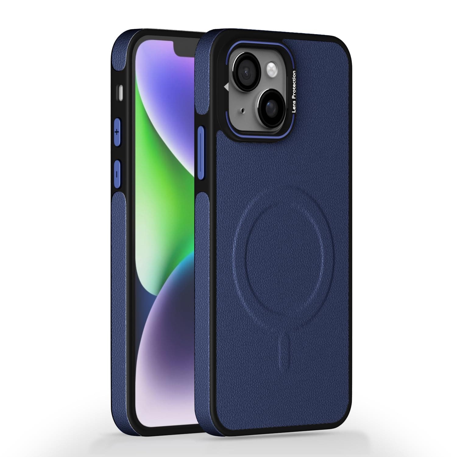 Amazon Basics Back Cover for iPhone 13 / iPhone 14 | 360 Protection Case| Pu Leather with Metal Frame Lens Protection Bumper Case(Blue)