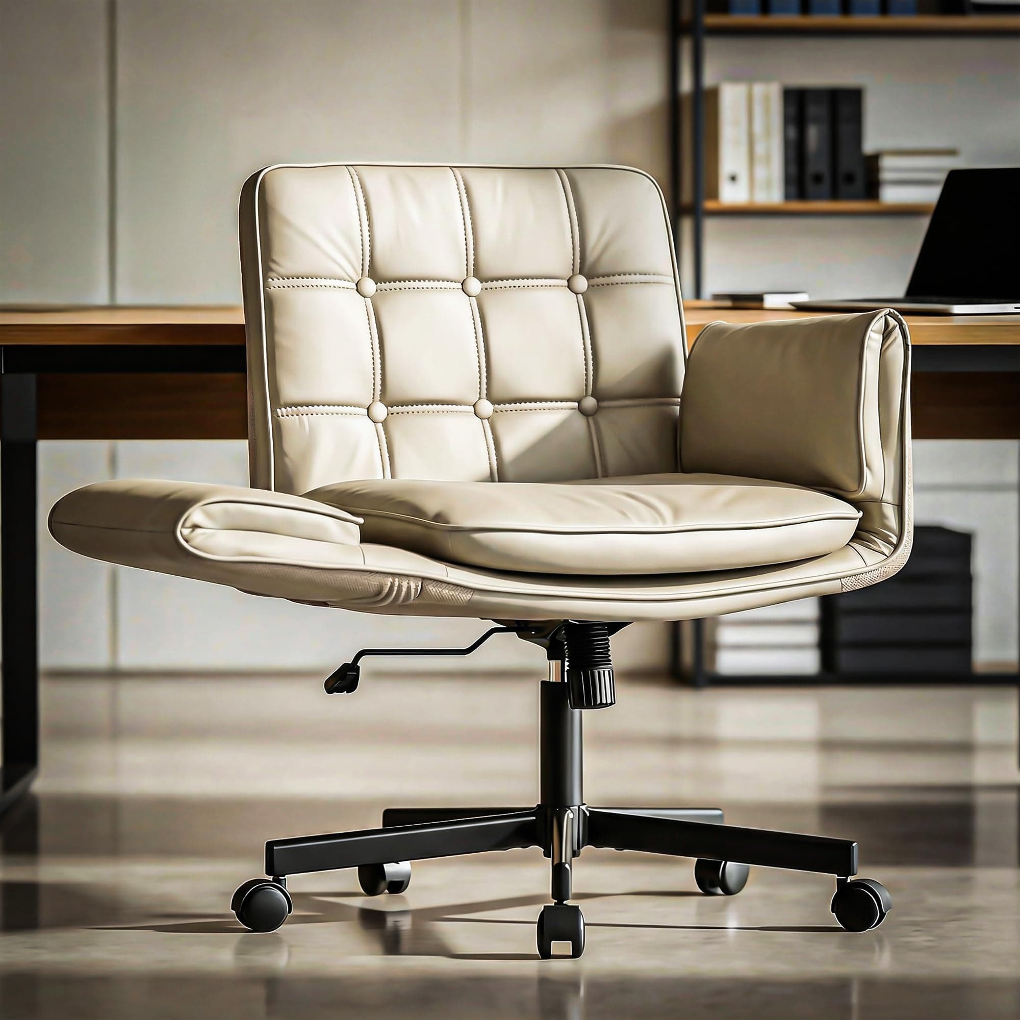 DROGO Zen Atora Ergonomic Criss Cross Legged Office Chair for Work with 5 Gear Armrest & Wide Thick Cushion Seat | PU Leather Computer Chair with Adjustable Height, Recline & Heavy Metal Base (Beige)