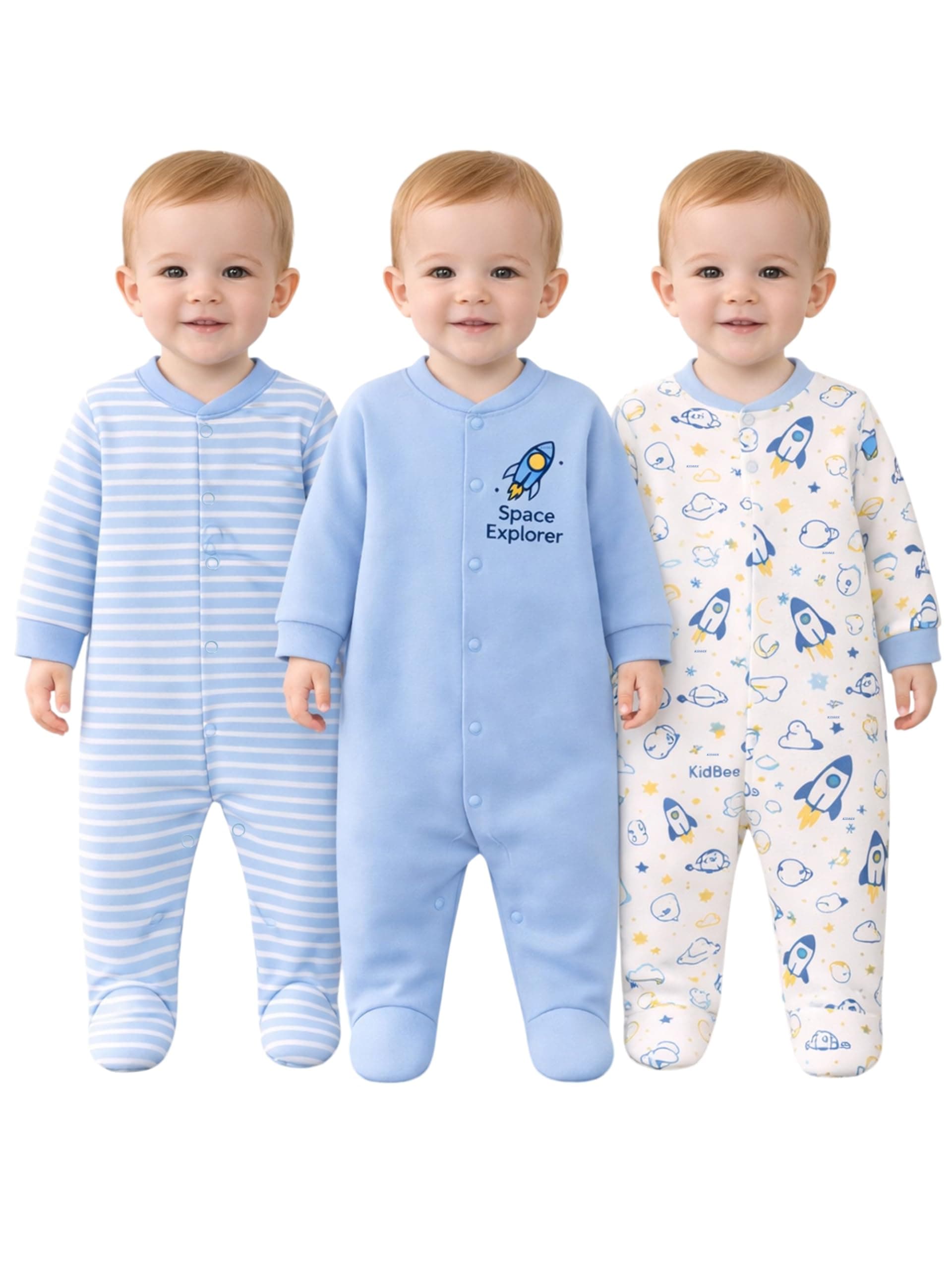 Kidbee Baby Boys & Girls Full Sleeves Cotton Footed Romper Sleepsuit Pack of 3