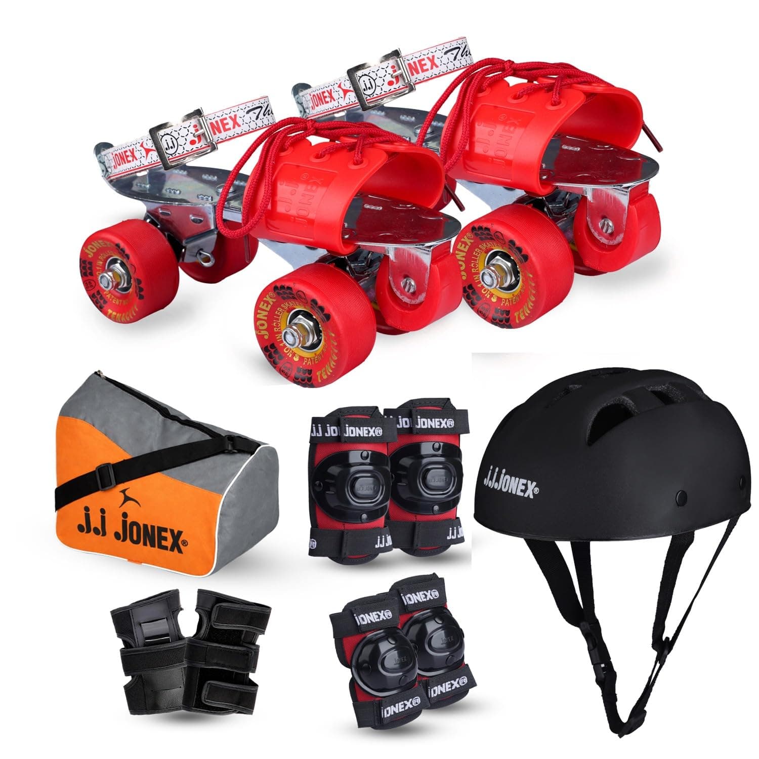 JJ Jonex Kids Adjustable Skates Combo Set with Helmet, Knee & Elbow Pads, Gloves, Bag, Key – Black/Red – Suitable for Age 6-11 Medium Size