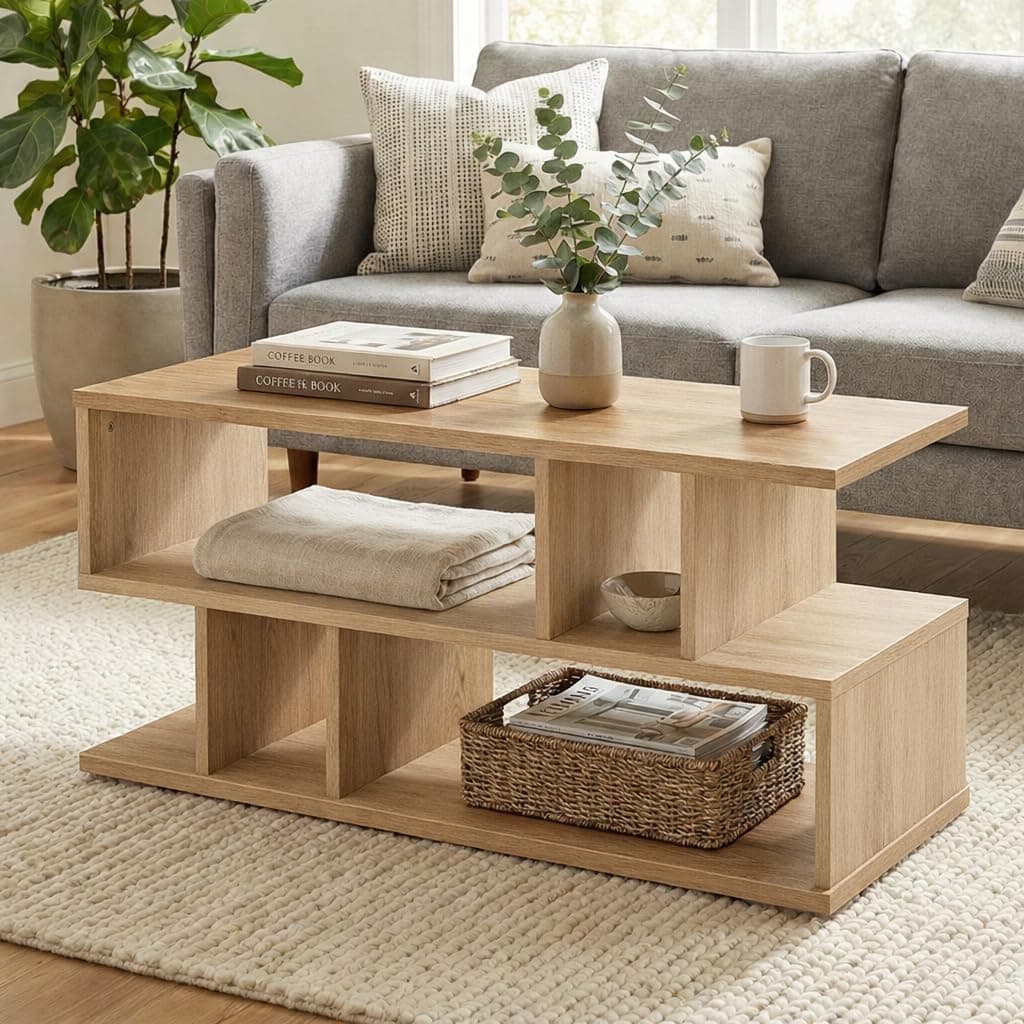 FURLAY Zentro Classic Oak Coffee Table for Living Room, Modern Engineered Wood Center Table with Multi-Level Open Storage Shelves, 90 x 40 x 40 cm (FWCT2-Classic Oak)