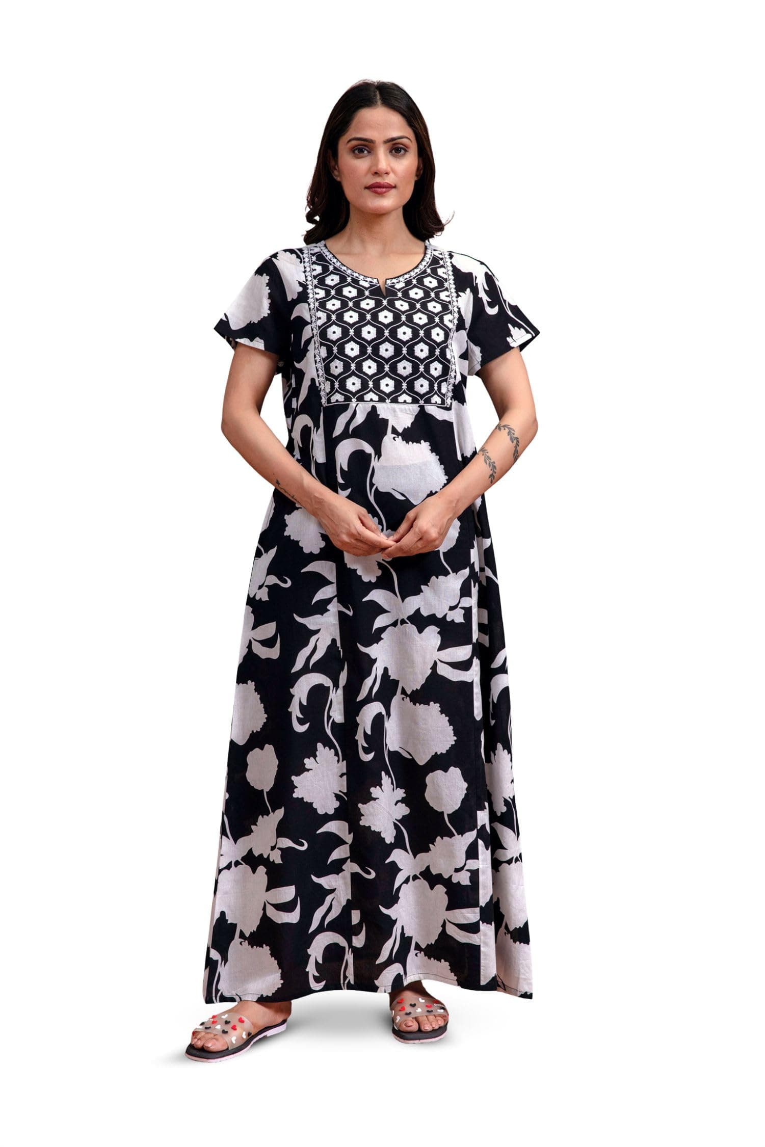 NIHSAMAH Cotton Nighty for Women — Printed Stylish Night Gown, Comfortable Sleepwear Long Nightwear, Maxi