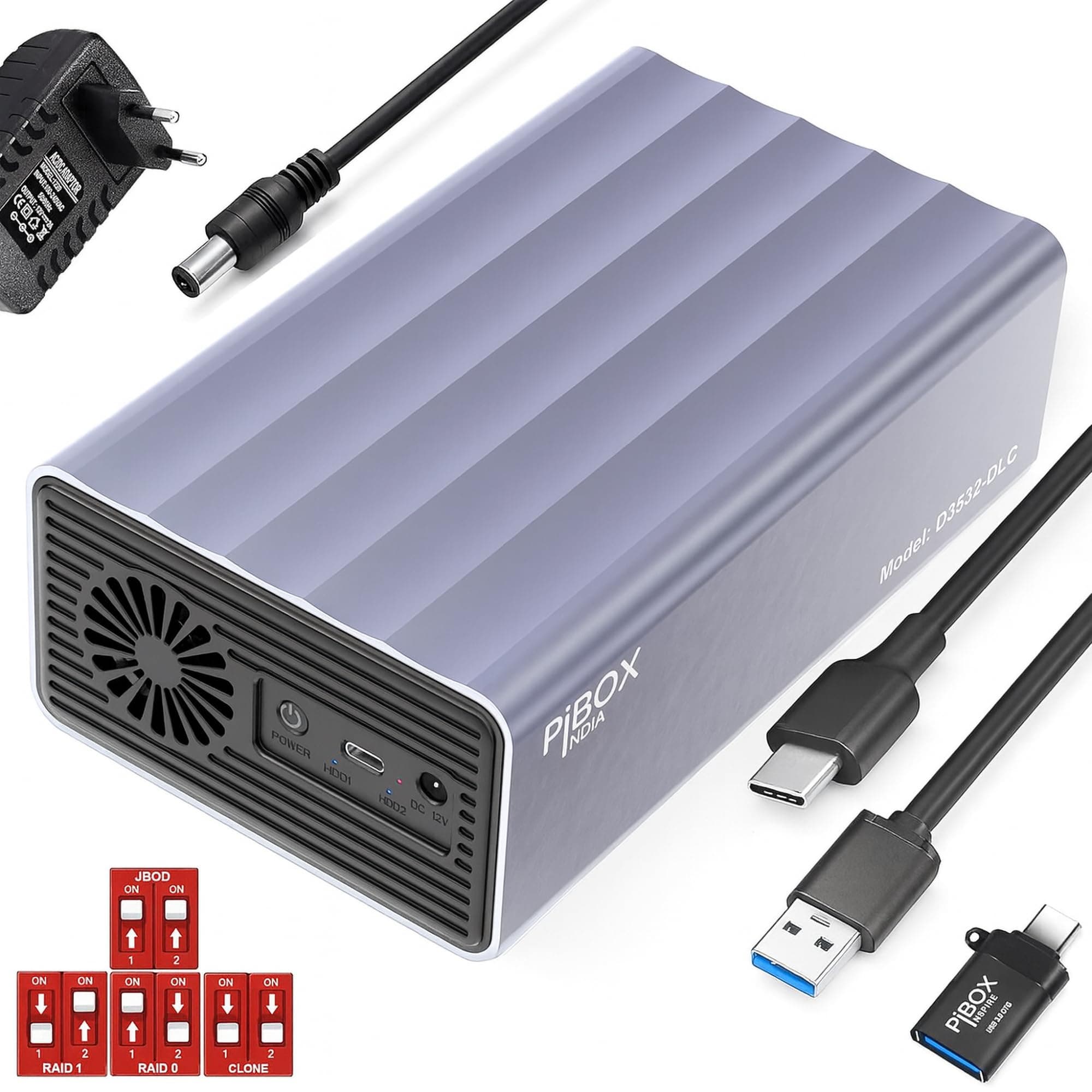 PiBOX India Dual 2 Bay 3.5/2.5 Inch SATA HDD SSD Aluminium Enclosure Dock - External RAID 0/1/JBOD/CLONE Storage with USB 3.1 Type-C, 6Gbps UASP, 56TB Capacity, Cooling Fan- REALTEK CHIPSET