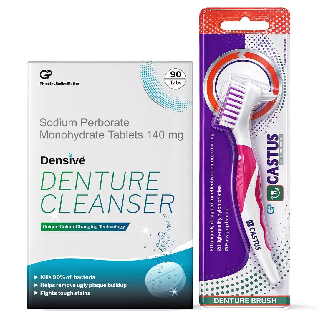 Densive Antimicrobial Denture Cleanser Tablets + Denture Brush Combo | 90 Tablets with Color-Changing Technology for Effective Cleaning | Includes CASTUS Manual Denture Brush