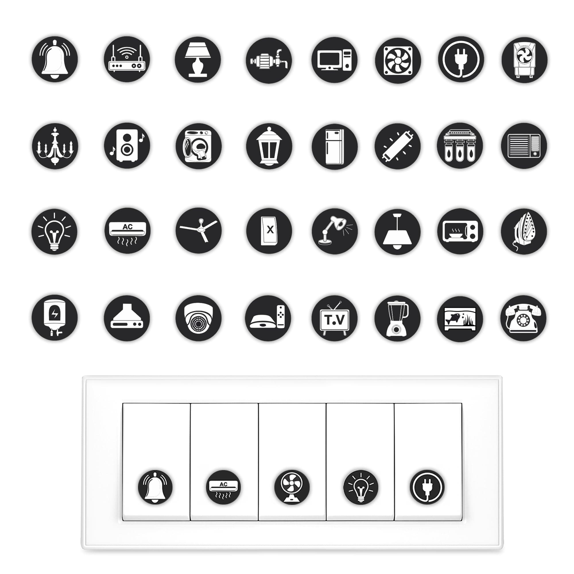 GLUN® Electric Board Switch Stickers, 38 Icons 600 Stickers Set Black Base & White Icon, for All Types of Appliances or Machinery, Fan, Light, Fridge, AC, Switch Stickers