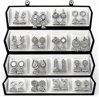 JV CREATION 16 Pair Oxidised Silver Earring Jhuma Box Combo Set – Traditional Jhumka Earrings, Chandbali & Stud Collection for Women, Silver Trendy 16 Pair Earrings Jhumka Earrings Wirh Black Velvet Box
