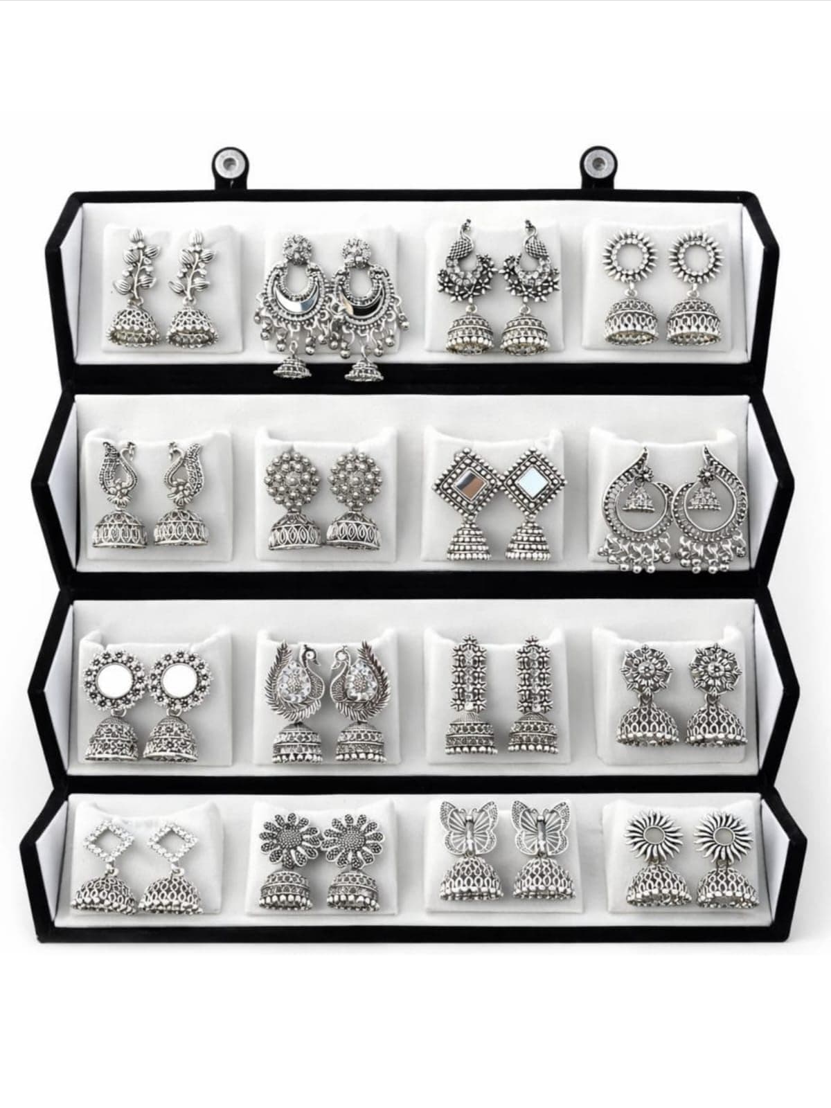 16 Pair Oxidised Silver Earring Jhuma Box Combo Set – Traditional Jhumka Earrings, Chandbali & Stud Collection for Women, Silver Trendy 16 Pair Earrings Jhumka Earrings Wirh Black Velvet Box