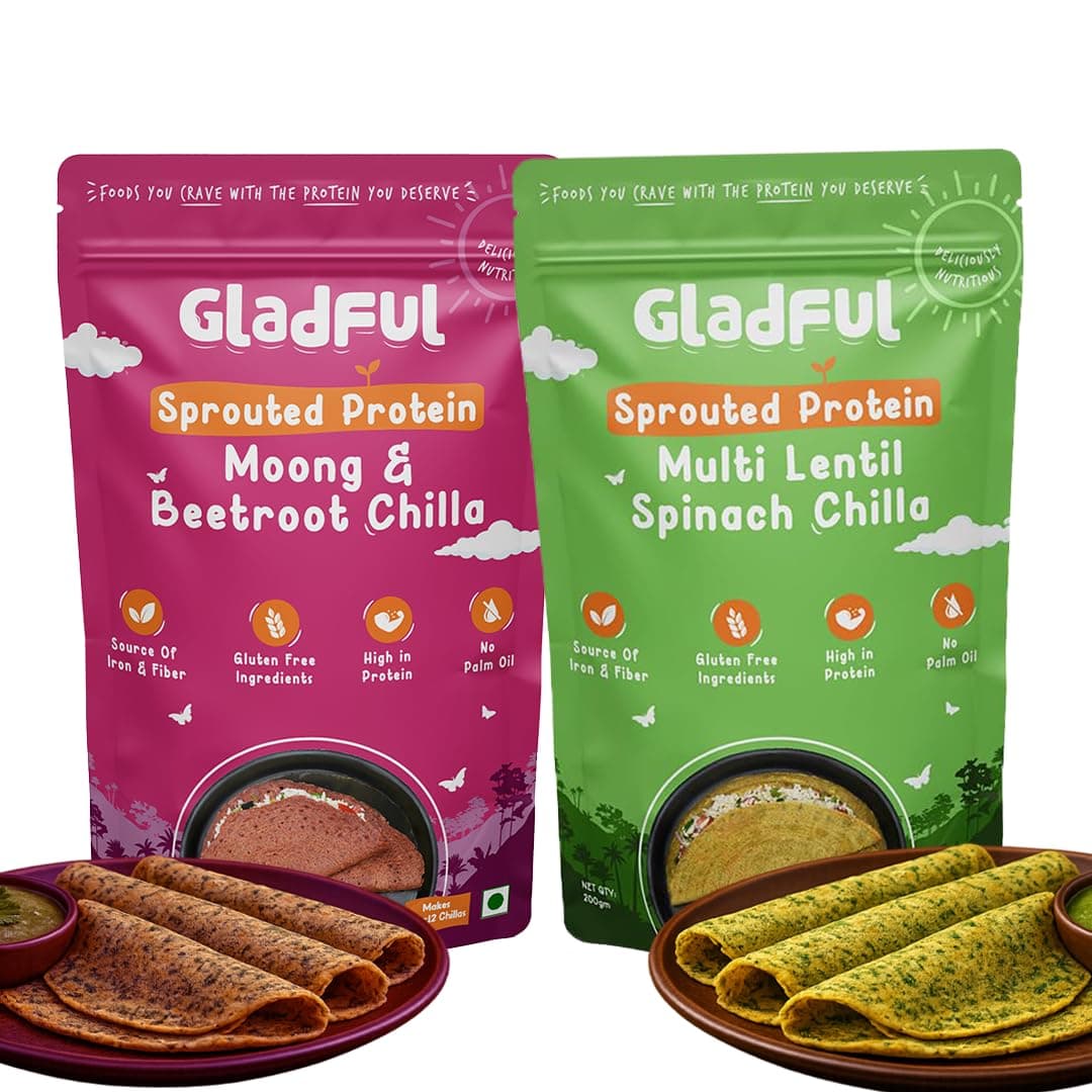 Gladful Sprouted Lentils & Millets Instant Chilla Dosa Mix, Natural Healthy Protein & Fiber-Rich Breakfast No Maida, No Palm Oil, Low GI, High Fiber 200 gram (Pack Of 2, Beetroot & Spinach)