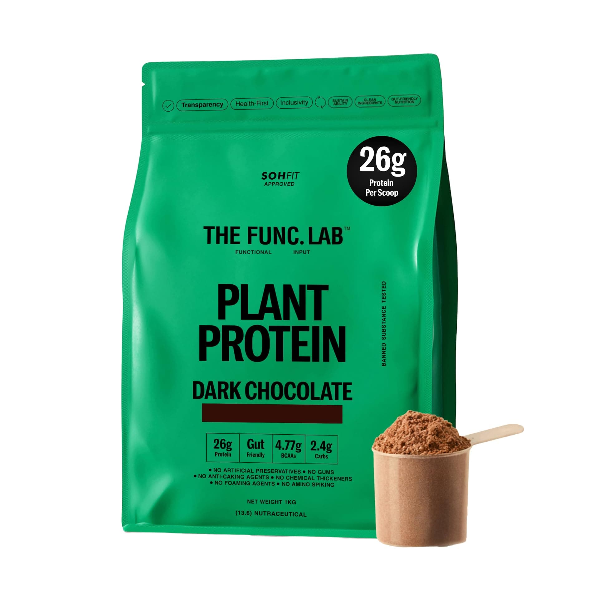 The Func. Lab Plant Protein for Men and Women – Dark Chocolate | 1 kg | 26g Protein per Scoop | Pea and Rice Blend | Vegan, Sugar‑Free | 100% Clean Label, Gut Friendly, Vegetarian