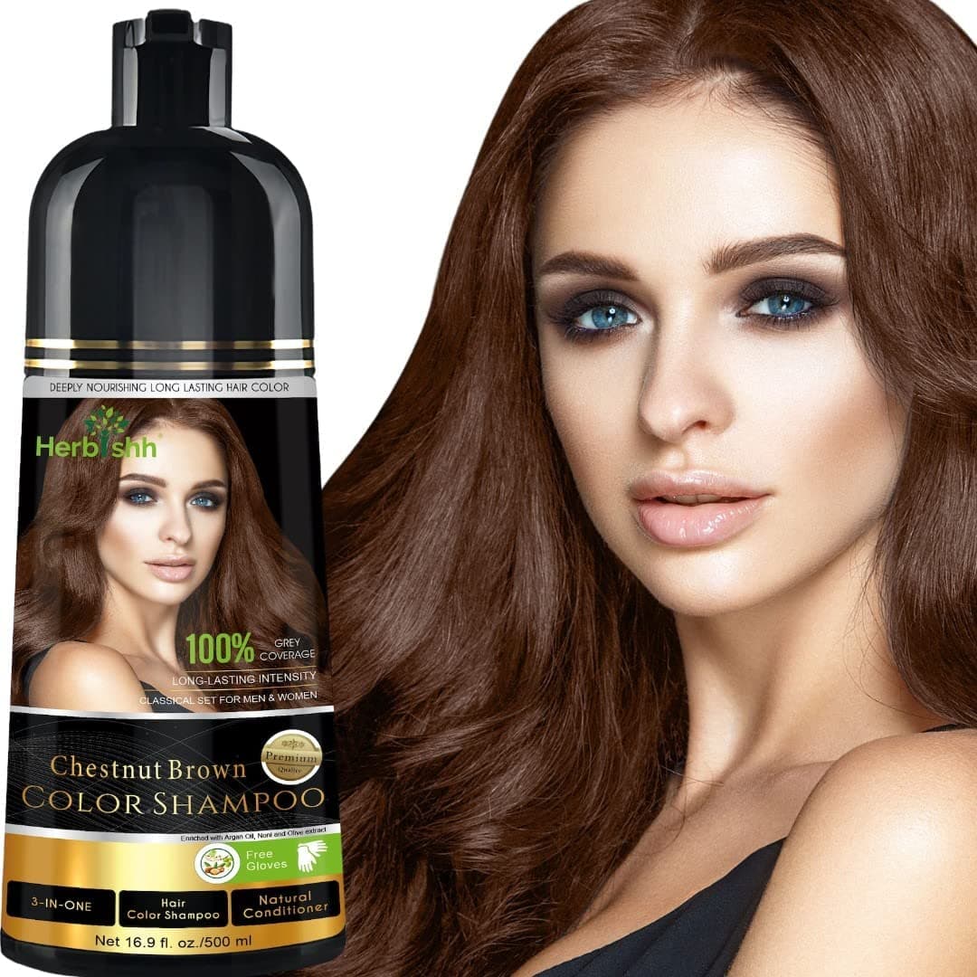 Herbishh Chestnut Brown Hair Dye Shampoo 500ml, 3-in-1 100% Gray Coverage for Hair & Beard, Brown Ammonia-Free Instant Color Shampoo for Men & Women, Long-Lasting Demi-Permanent, Lasts up to 3-4 Weeks
