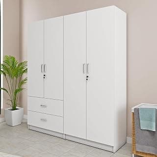 VIKI Wardrobe |Wooden Almirah for 4 Door 2 Drawer with Shelves & Hanging Space Wardrobe (Frosty White - 40D x 160W x 180.8H) | 1 Year Warranty | Free Assembly