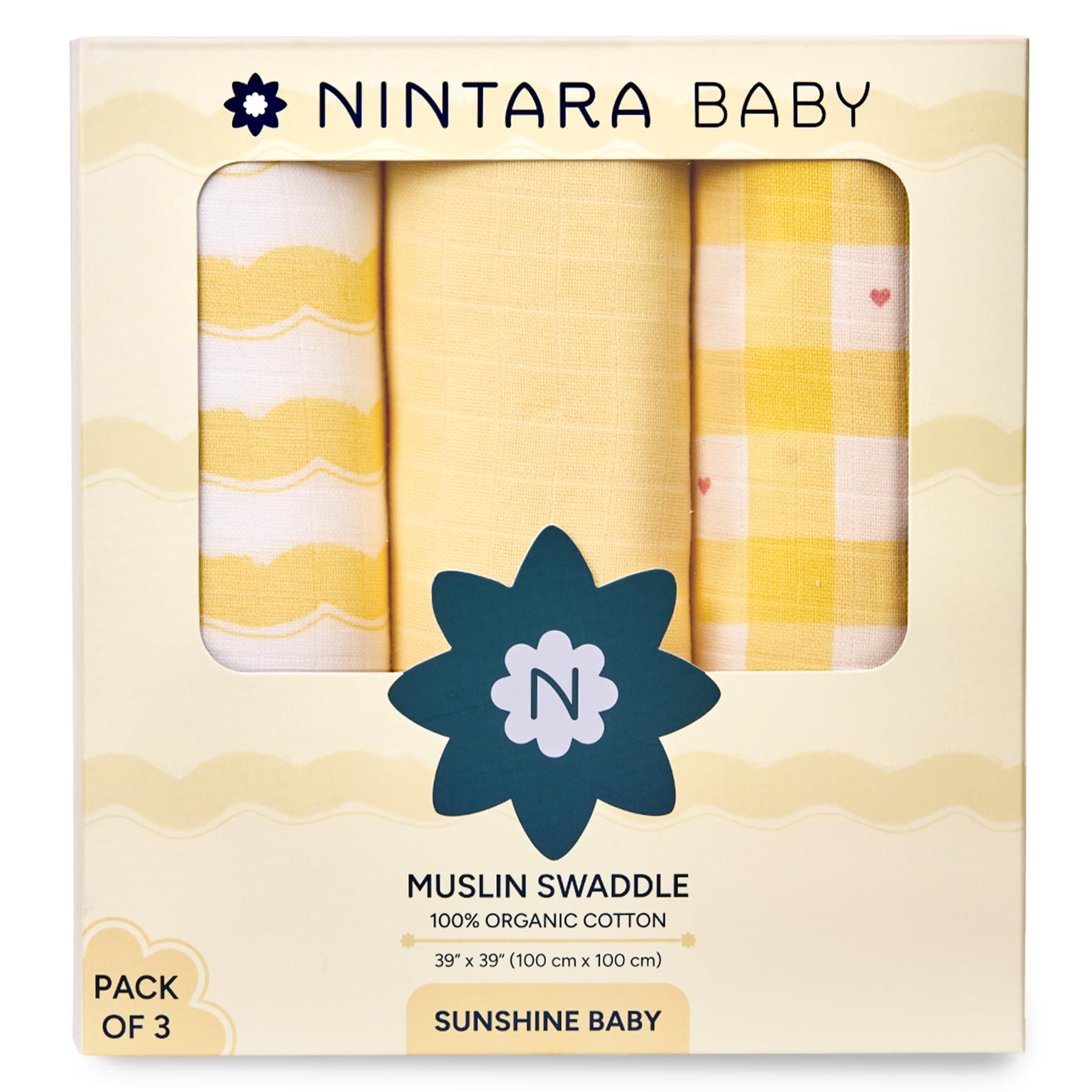 NINTARABABY Swaddle - 100% Organic Premium Muslin Cotton, 39" x 39" (100 cm x 100 cm), Ultra-Soft, Breathable & Lightweight, Multipurpose, Unisex, Hypoallergenic, Gifts for Newborn Babies, Pack of 3