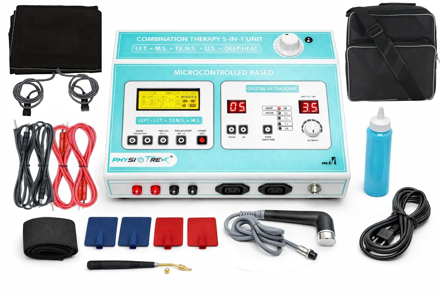 PHYSIOTREX® 5-in-1 Physiotherapy Equipment LCD Combination Therapy | IFT, TENS, MS, Ultrasound, Deep Heat | Professional Physiotherapy Machine for Wellness & Muscle Stimulation with 1 year warranty