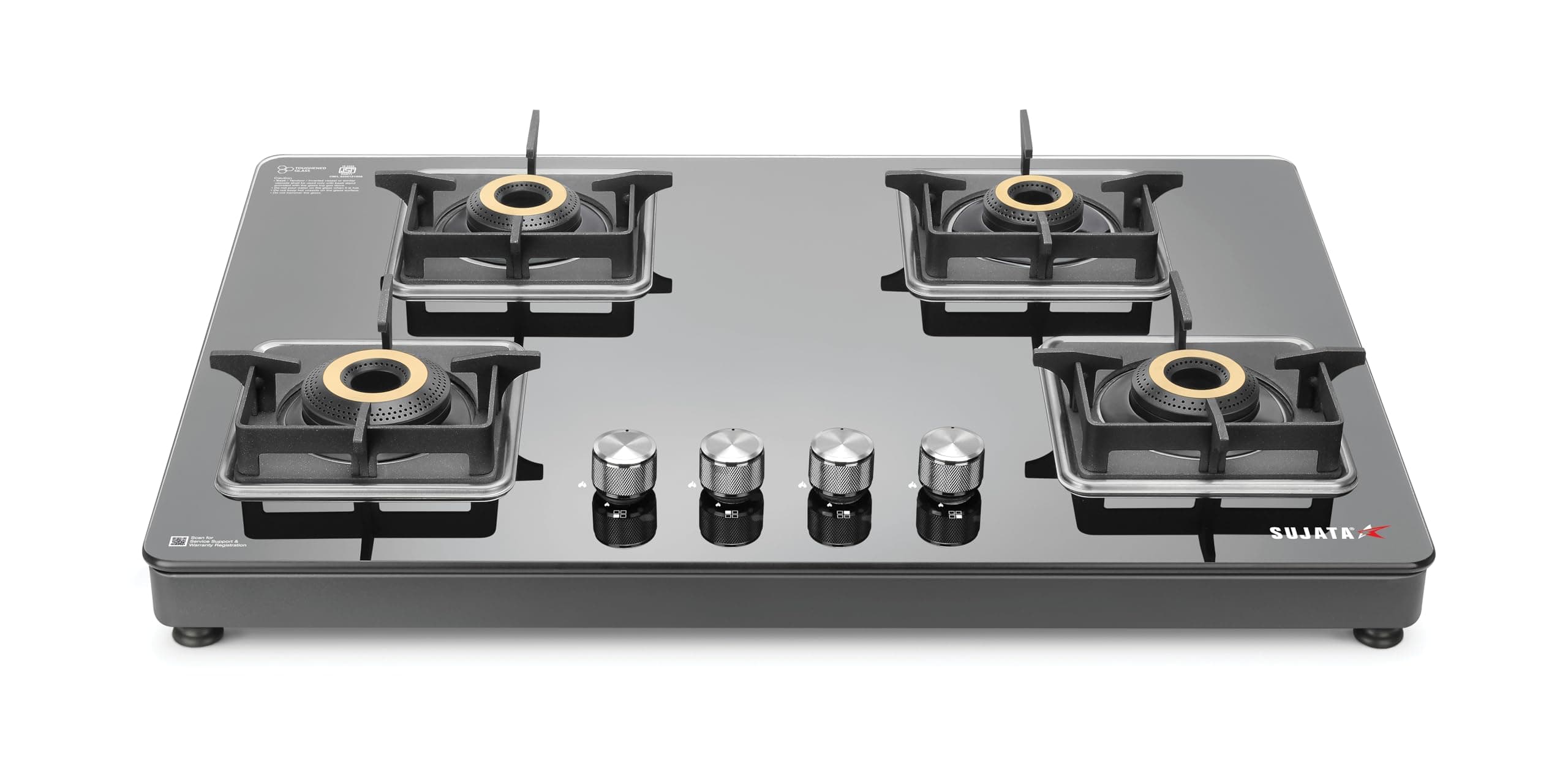 Sujata Premium Gas Stove 4 Burners Glass Top | 9 Years Warranty | Gas Stove with Jumbo Brass Burners | SABAF Technology | ISI Certified | LPG & PNG Compatible | 360° Rotating Brass Nozzle (Black)
