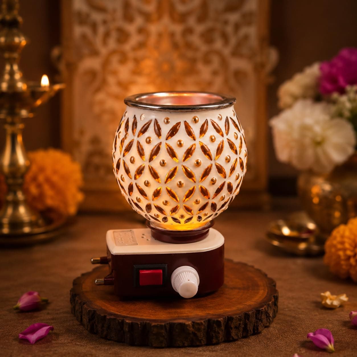 SuNZita Electric Kapoordani with Up to 15 Mantra Changing Box | Night Lamp Incense Burner, Aroma Burner, Electric Kapoor Burner, Electric Dhoop Dani with Spiritual Mantra - Pack of 1 (Rectangular)