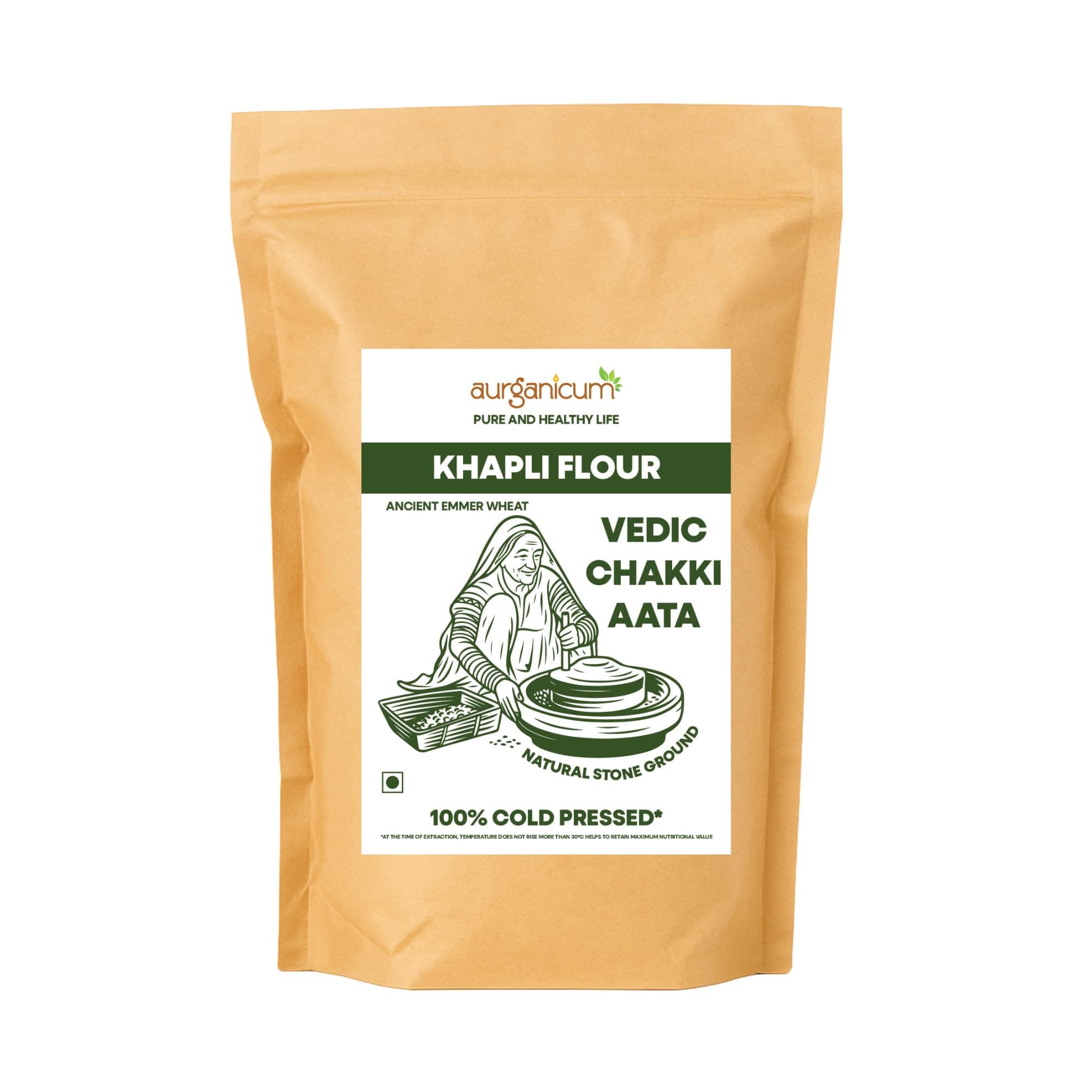 Aurganicum Khapli Flour | Stone Ground | Cold Pressed Fresh | 100% Pure & Natural | High Fibre | Emmer Wheat | Khapli Bhagar Rala Gehun Atta (2Kg)