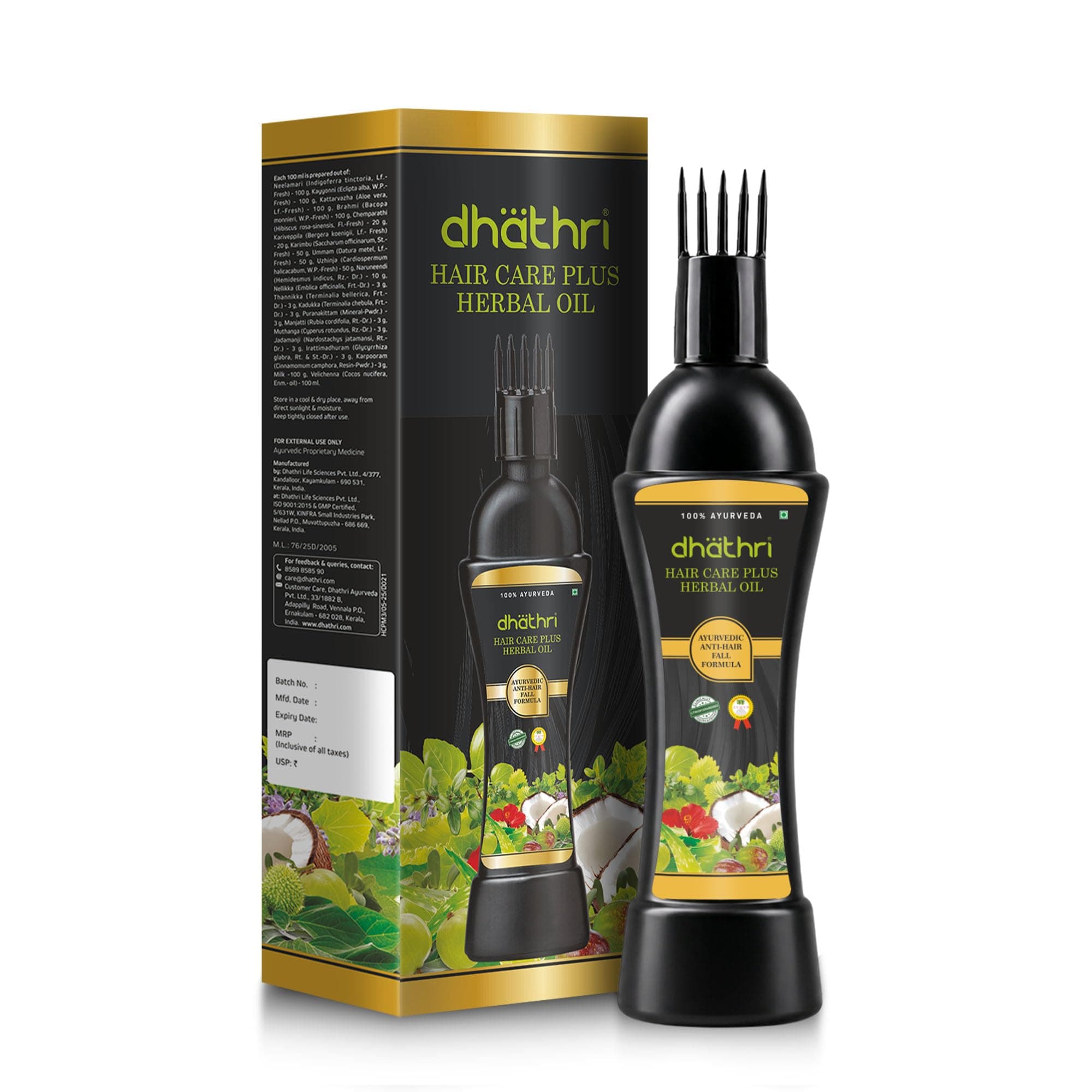 Dhathri Hair Care Plus Herbal Oil with Indian Indigo, Hibiscus & Amla | Ayurvedic Herbal Hair Oil Reduce Hair Fall & Dandruff | Nourishes & Strengthens Hair | For Men & Women | All Hair Types, 200ml