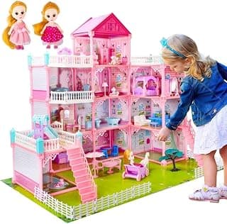 Doll House Girls Toys,4-Story 11 Rooms Playhouse with 2 Dolls Toy Figures with Light,Accessories, Furniture Pretend Play Gift Toys for 3 4 5 6 7 Year Old Girls Multi Color