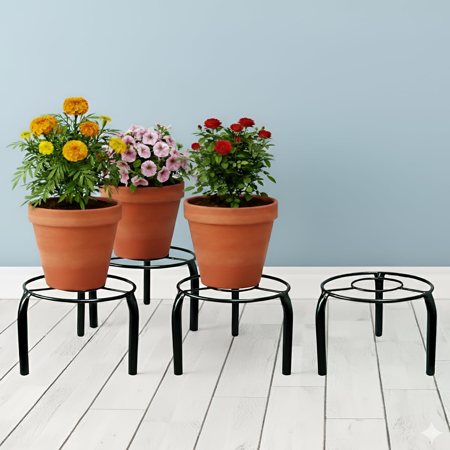 Pivalo Round Plant Stand Anti-Rust Metal Flower Pot Holder Outdoor and Indoor Planters Gamla Stands for Balcony & Living Room Home Decor (Pack of 4, Black)