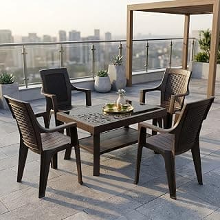 Nilkamal Mystique Chair and Glass Top Coffee Table Set | 4 Chairs and 1 Table | Plastic Furniture Set for Indoor and Outdoor, Balcony, Garden, Patio & Living Room | Season Rust Brown and Weather Brown