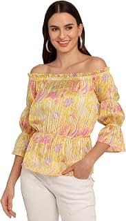 Zink London Yellow Printed Women's Off-Shoulder Top