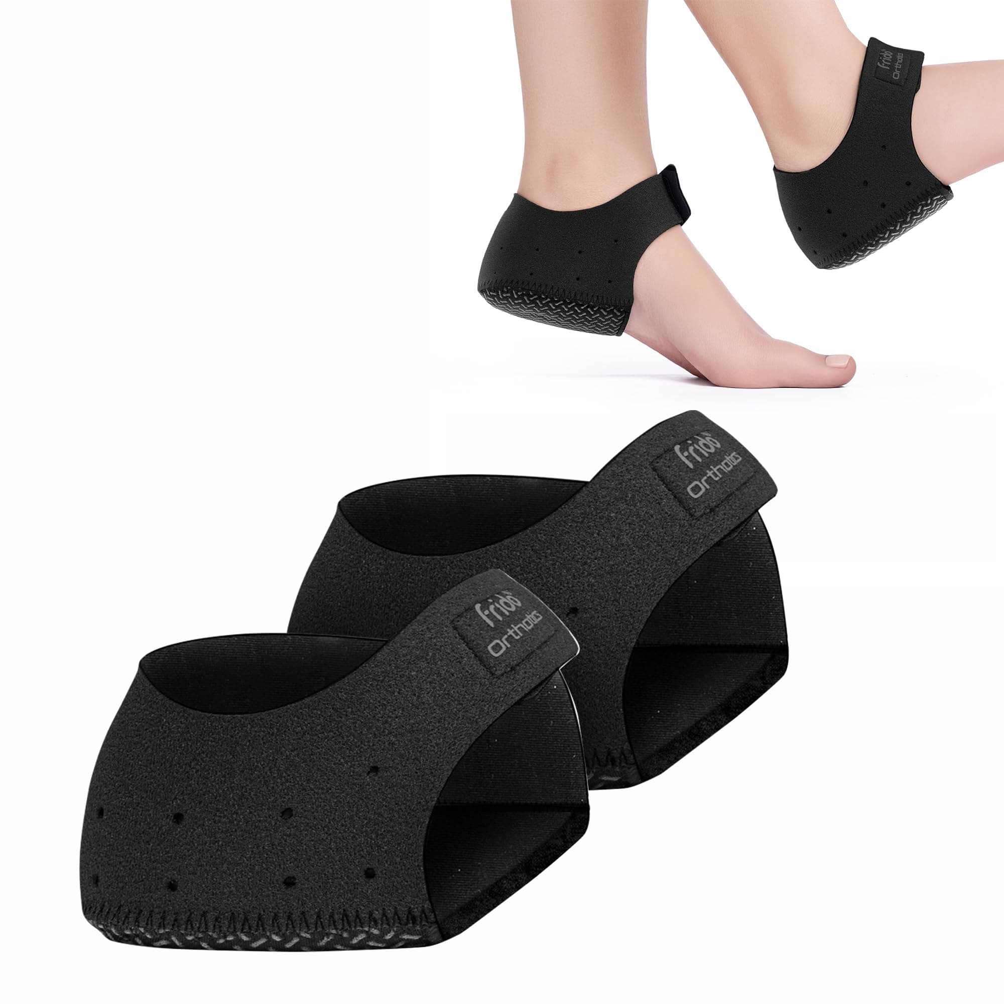 Frido Orthotics Heel Protector for Heel Pain Relief | Gel Heel Pad with Velcro Strap | Anti-Slip Heel Cup Cushion for Men & Women | Plantar Fasciitis, Heel Spurs, Shoe Bite Support | Black| Size - L