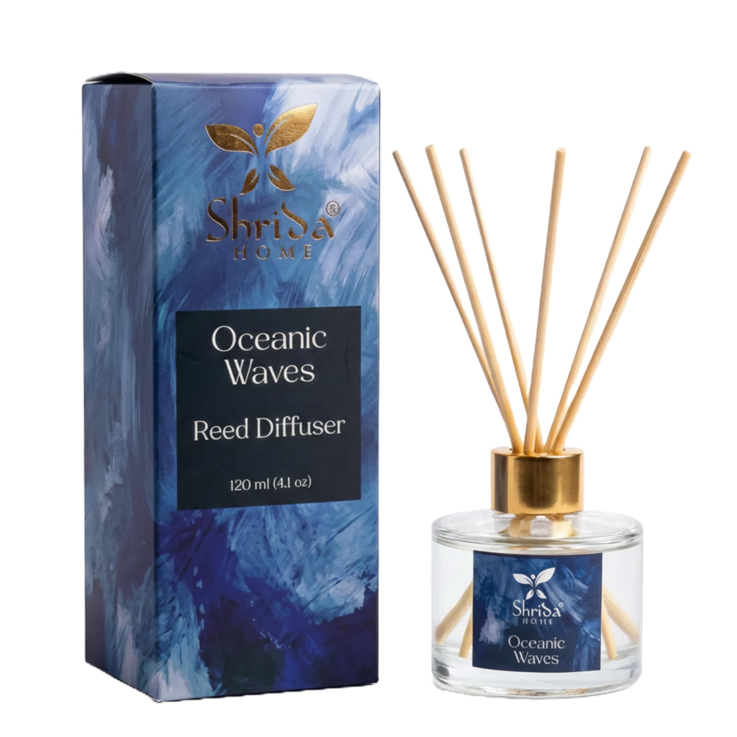 Shrida Home Oceanic Waves Reed Diffuser, 120ml Aroma Oil Glass Set with Natural Sticks, Long Lasting Fresh Aquatic Fragrance for Home, Bedroom, Living Room, Bathroom and Office