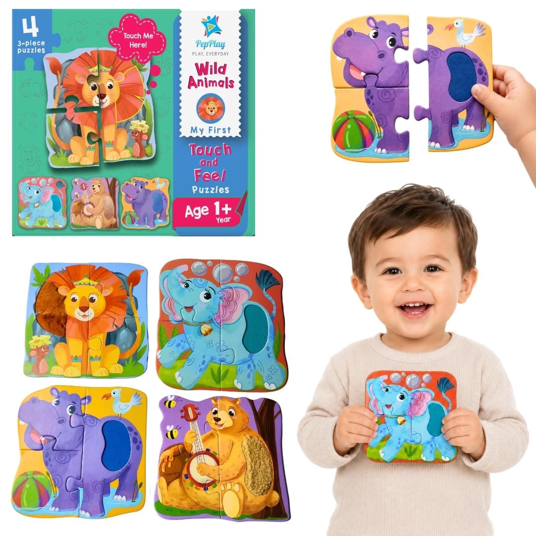 PepPlay First Puzzle Touch & Feel Wild Animals | Lion Bear Hippo Elephant | 4 Chunky Sensory Puzzles Real Textures | Educational Montessori Learning Toy Preschool Kids 1-4 Years | Birthday Return Gift