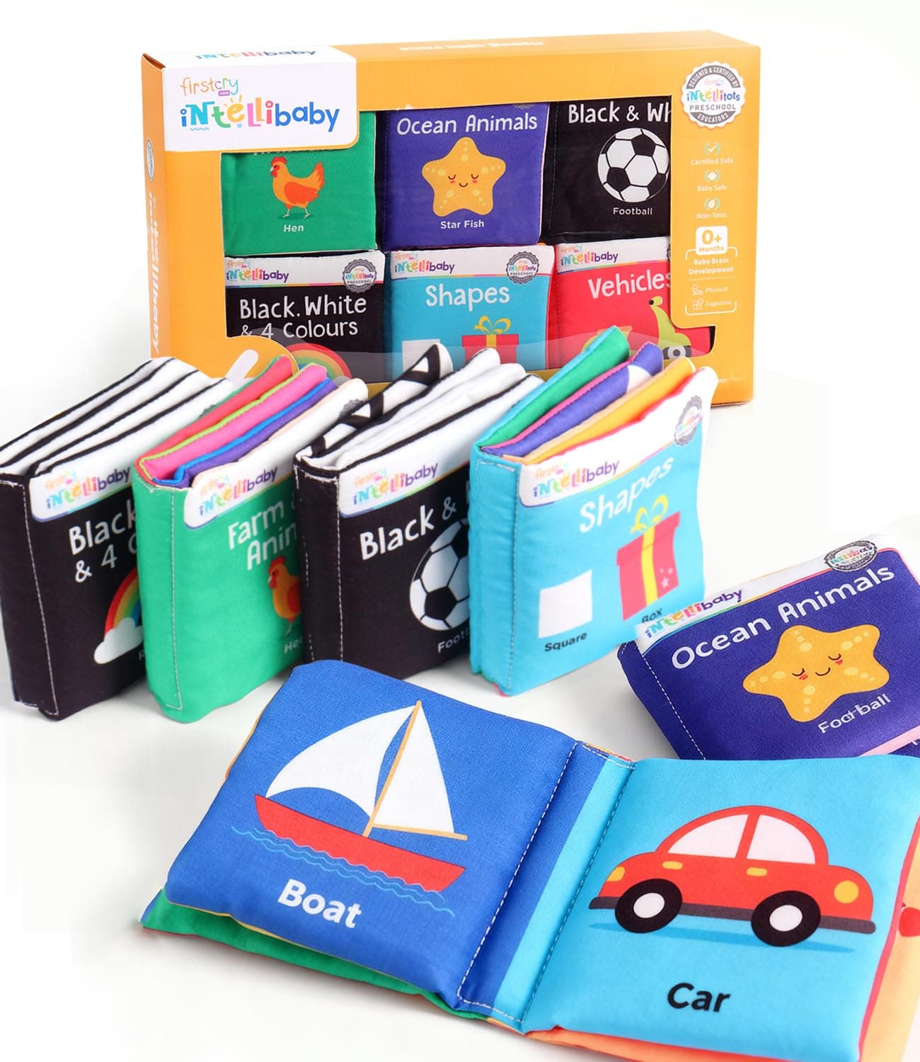 Intellibaby 6-Book Set–Soft Sensory Cloth Books for Babies,Crinkle Sound&Washable,Early Learning Themes- Shapes, Vehicles & Animals,Black & White Patterns for Visual Growth,Non-Toxic,Gift for 0+Months