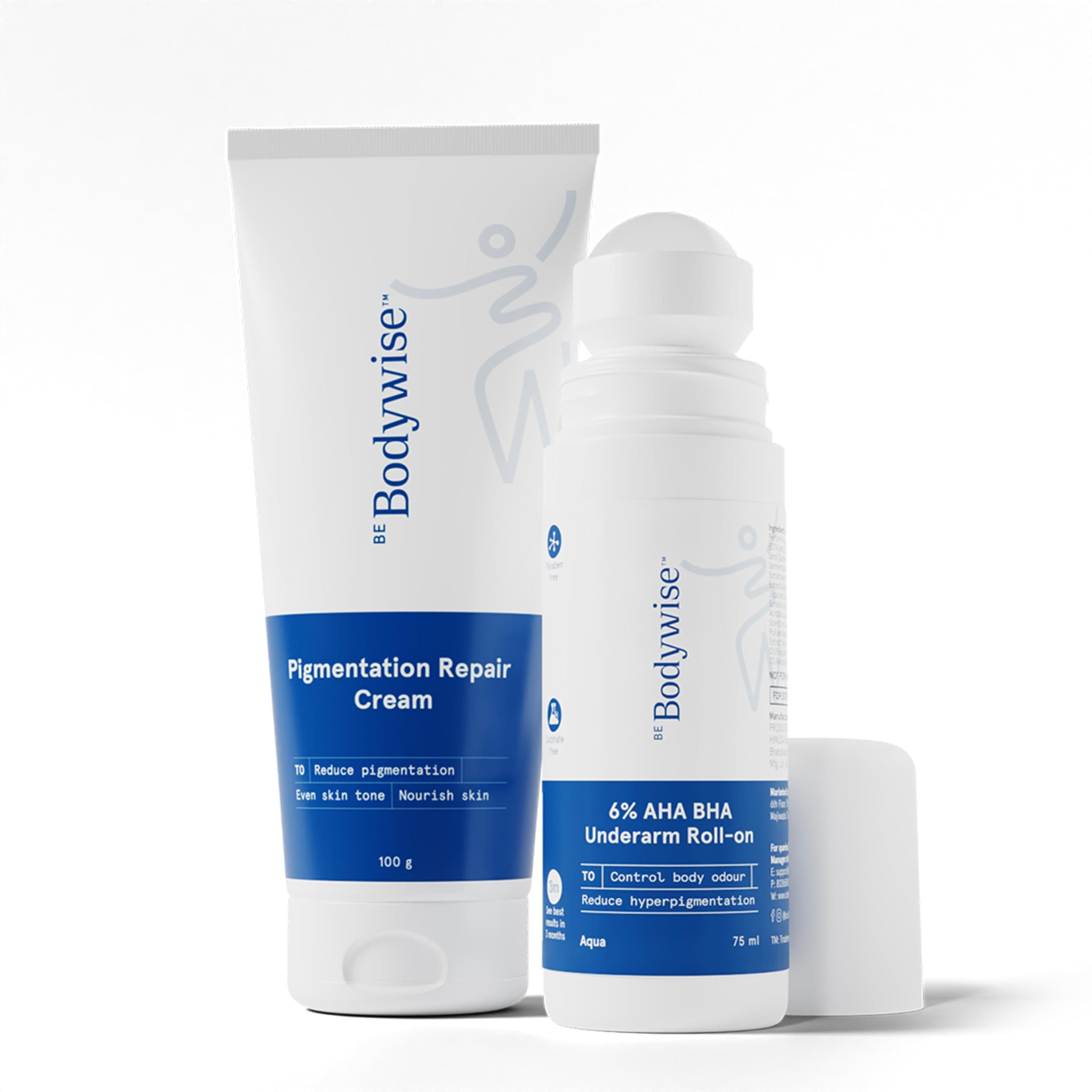 Be Bodywise Advanced Pigmentation Kit | With 6% AHA BHA Aqua Underarm Roll-On (75ml) & Pigmentation Repair Cream (100g) | Reduces Body Odor, Fades Pigmentation & Corrects Uneven Skin Tone