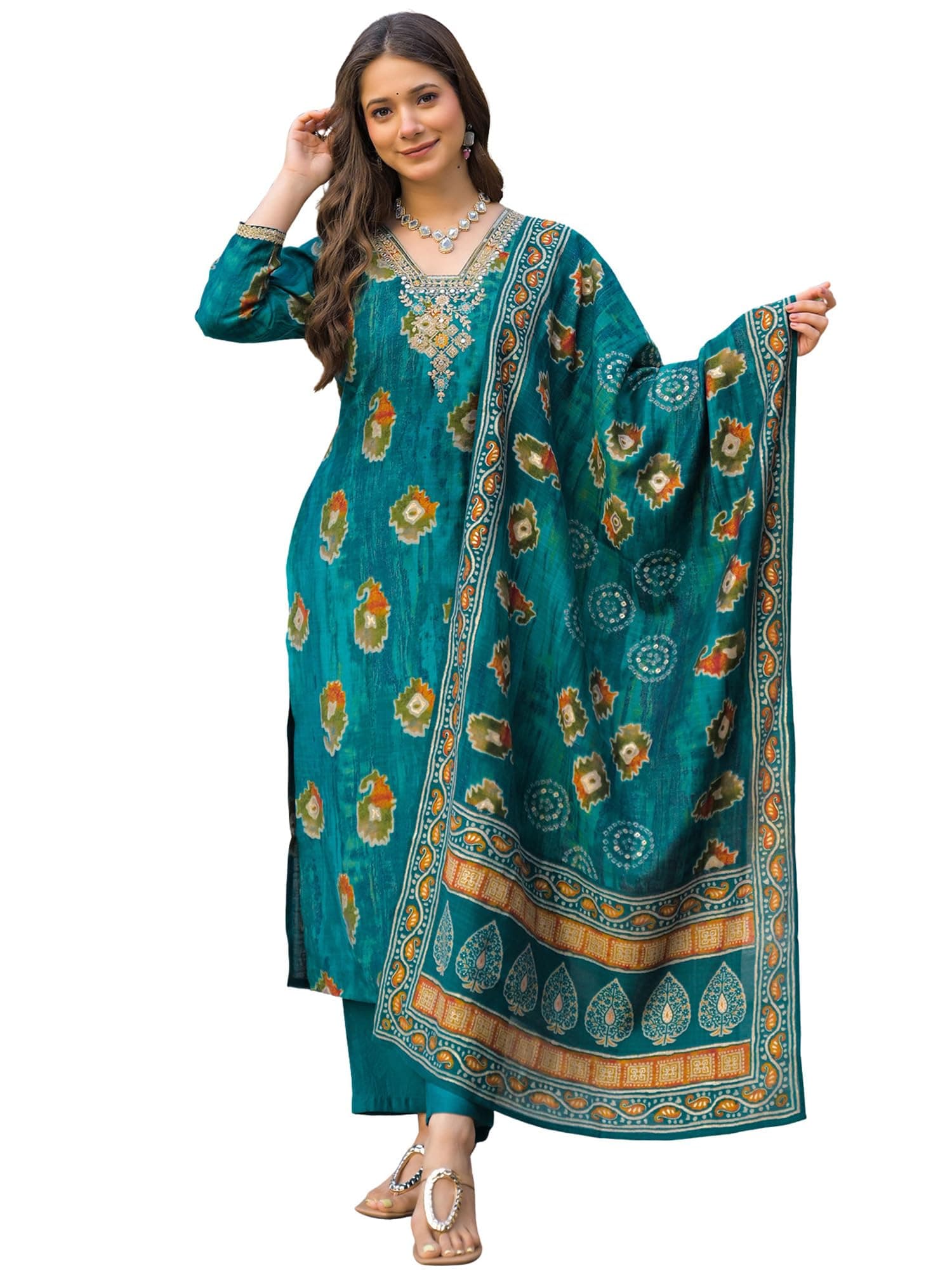 Vaamsi Women’s Teal Viscose Embroidered Ethnic Motif Straight Kurta Trousers with Dupatta Set | Elegant 3-Piece Salwar Suit Set | Stylish Daily, Casual & Office Wear Ethnic Outfit