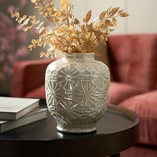 PURE HOME + LIVING Ceramic Decorative Floral Imprinted Vase, (23cm Height, White)