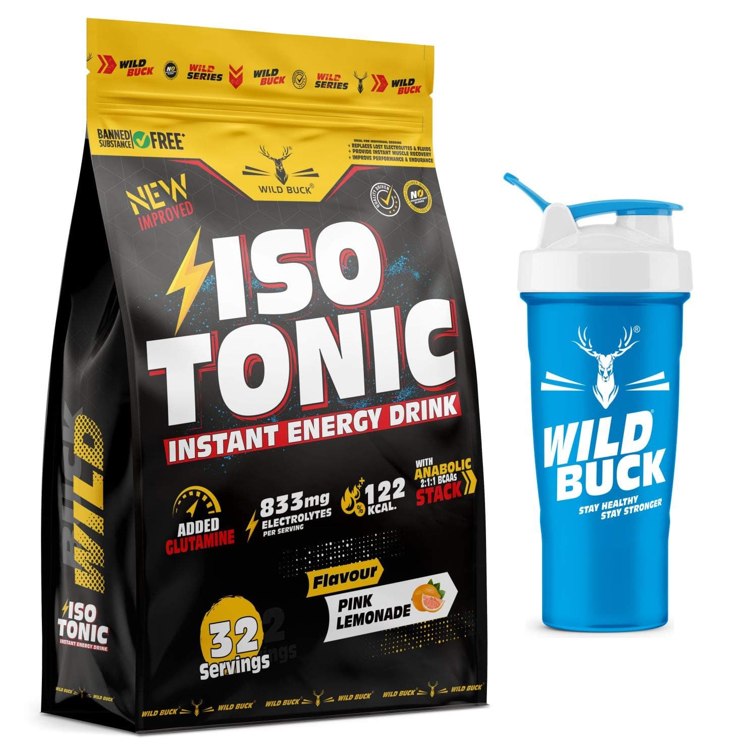 WILD BUCK Isotonic Instant Energy Drink,Electrolyte Energy Drink With Anabolic Stack 2:1:1 Bcaa,Dextrose Monohydrate & L-Glutamine|833Mg Electrolytes [32 Servings,Pink Lemonade Flavor],1000 grams